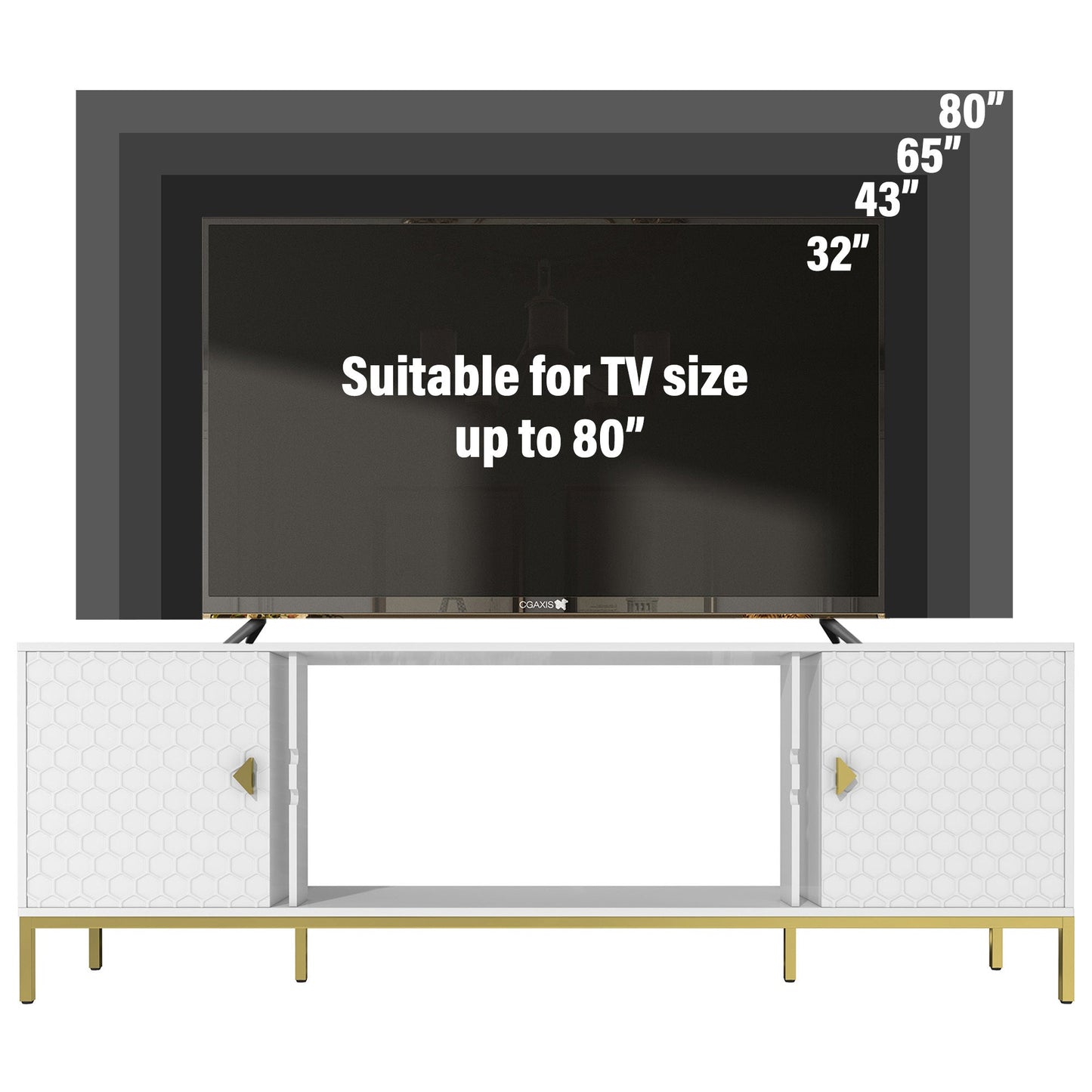 TV Stand Fireplace Space MDF White Honeycomb Door Gold Legs 80 LB 70 In