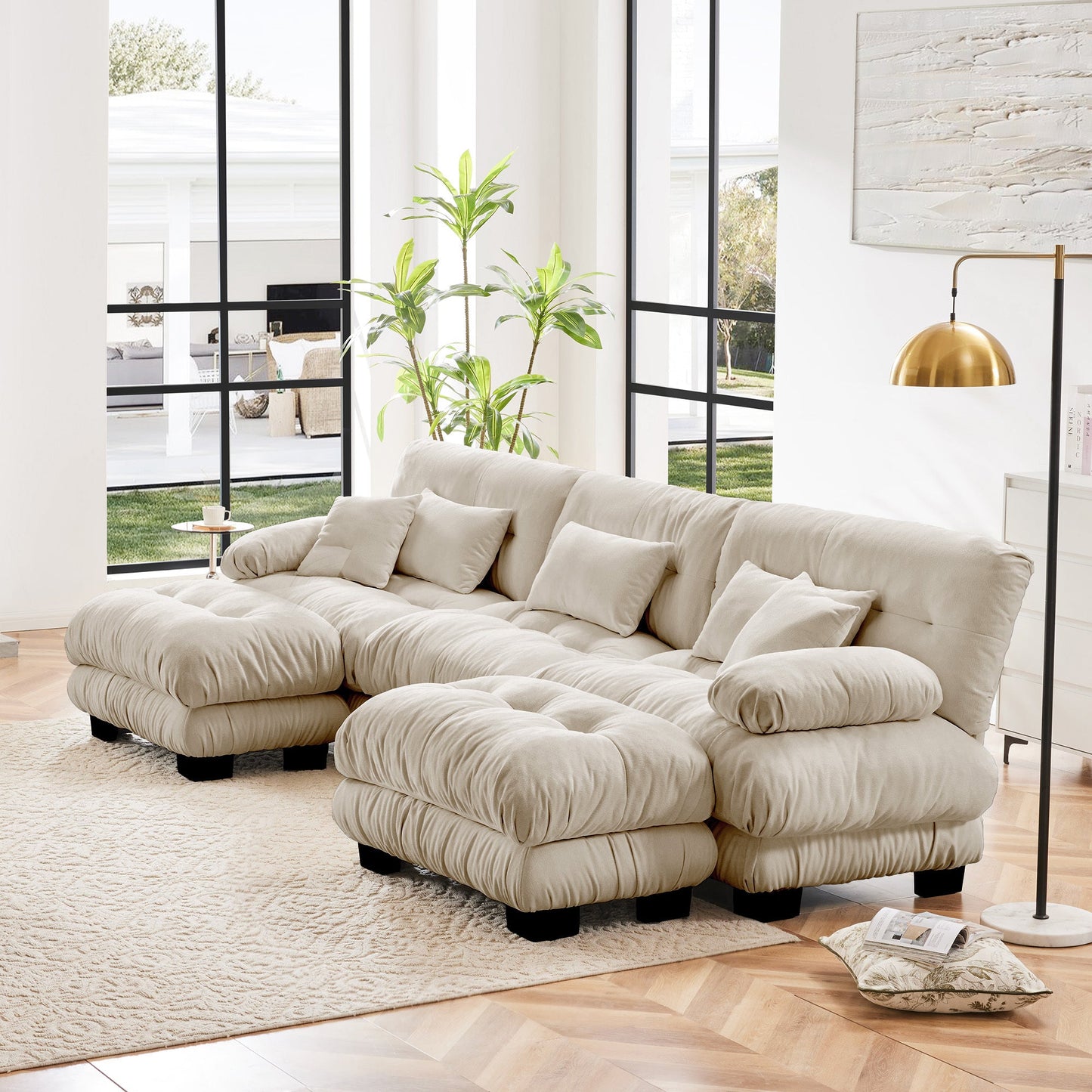 Sectional Sofa U-Shape Chenille Light Coffee 3 Seat 2 Ottomans