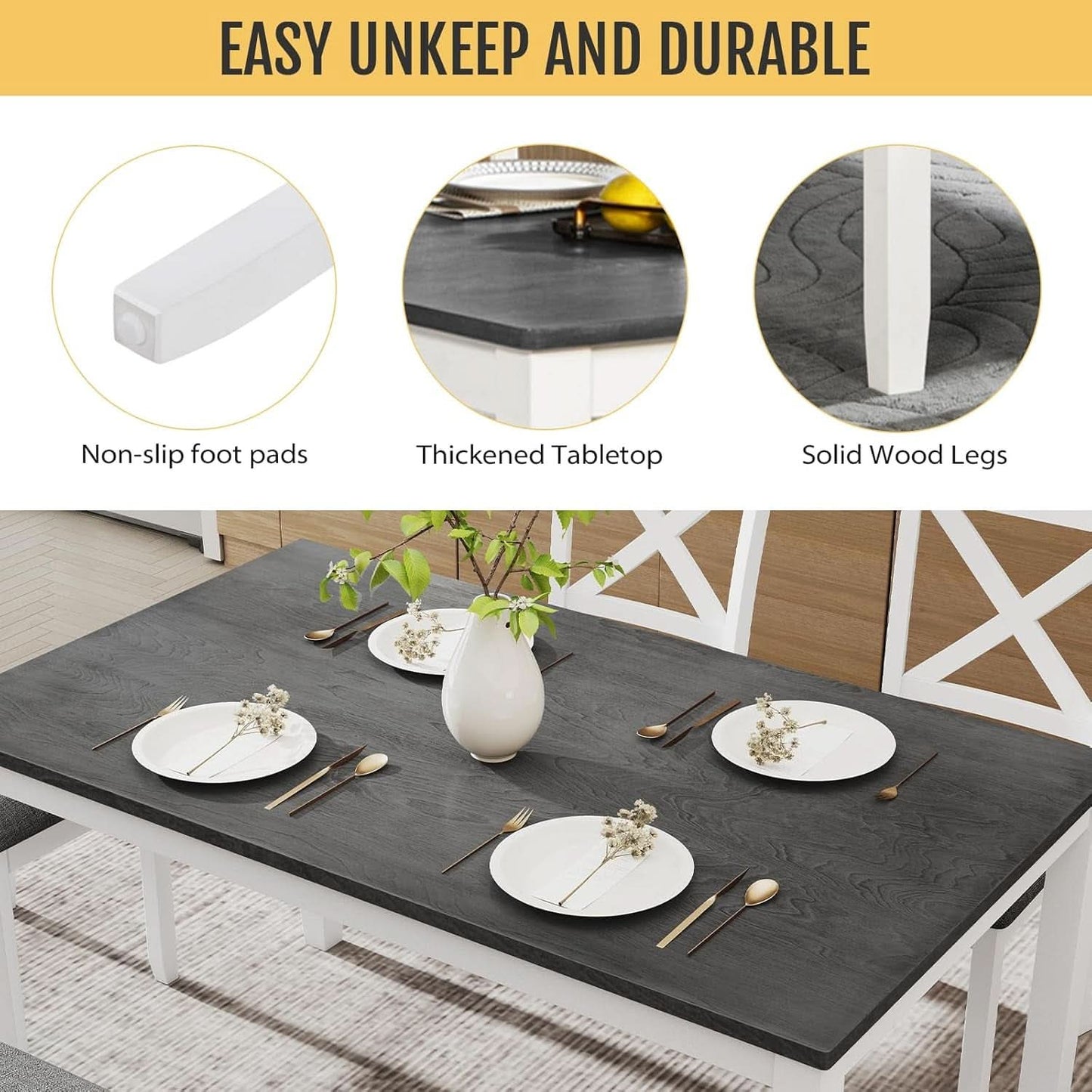 White Slate Grey Solid Wood Contemporary Dining Table Six Seater