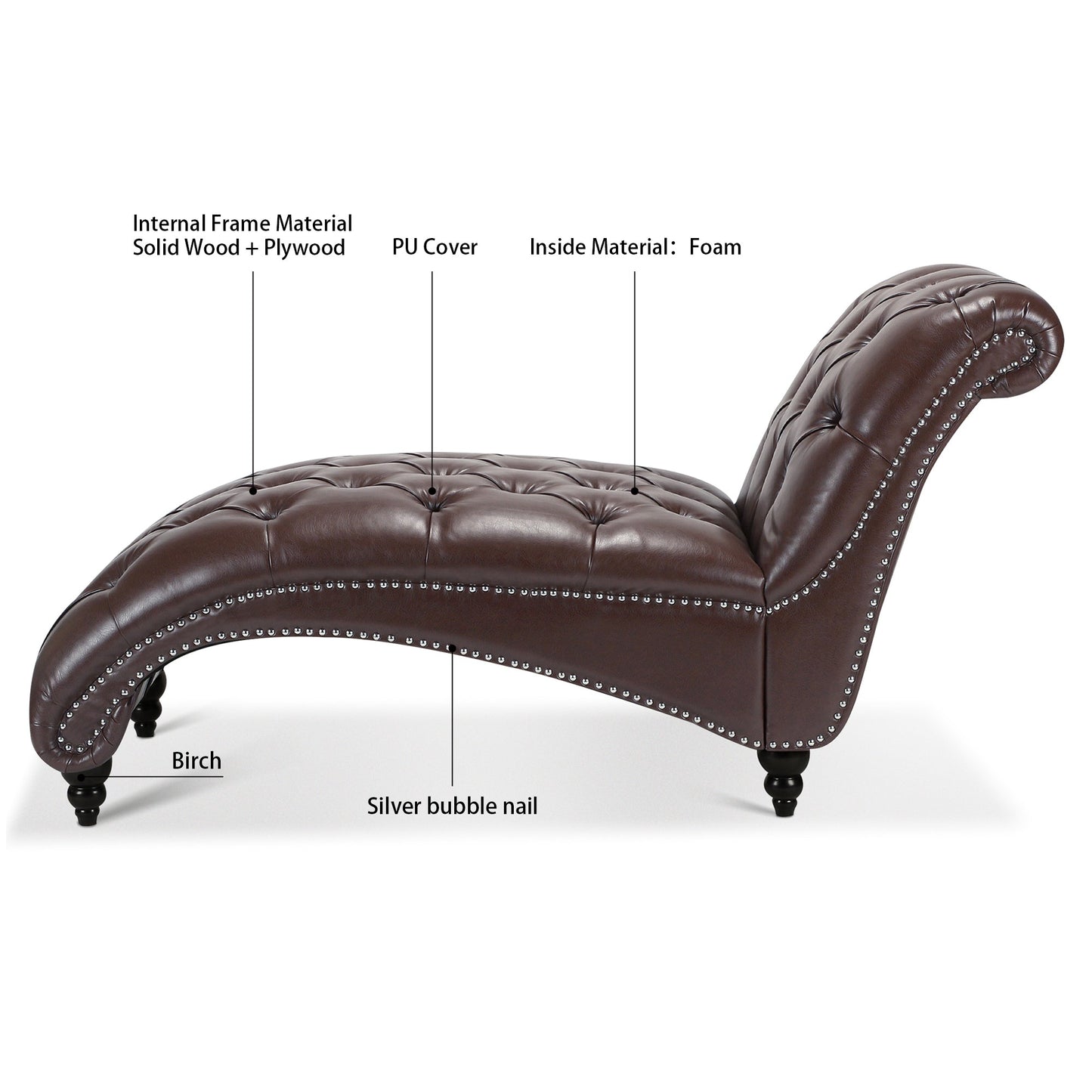 Chaise Lounge Armless PU Leather Dark Brown Tufted Foam Birch Legs 220 LB