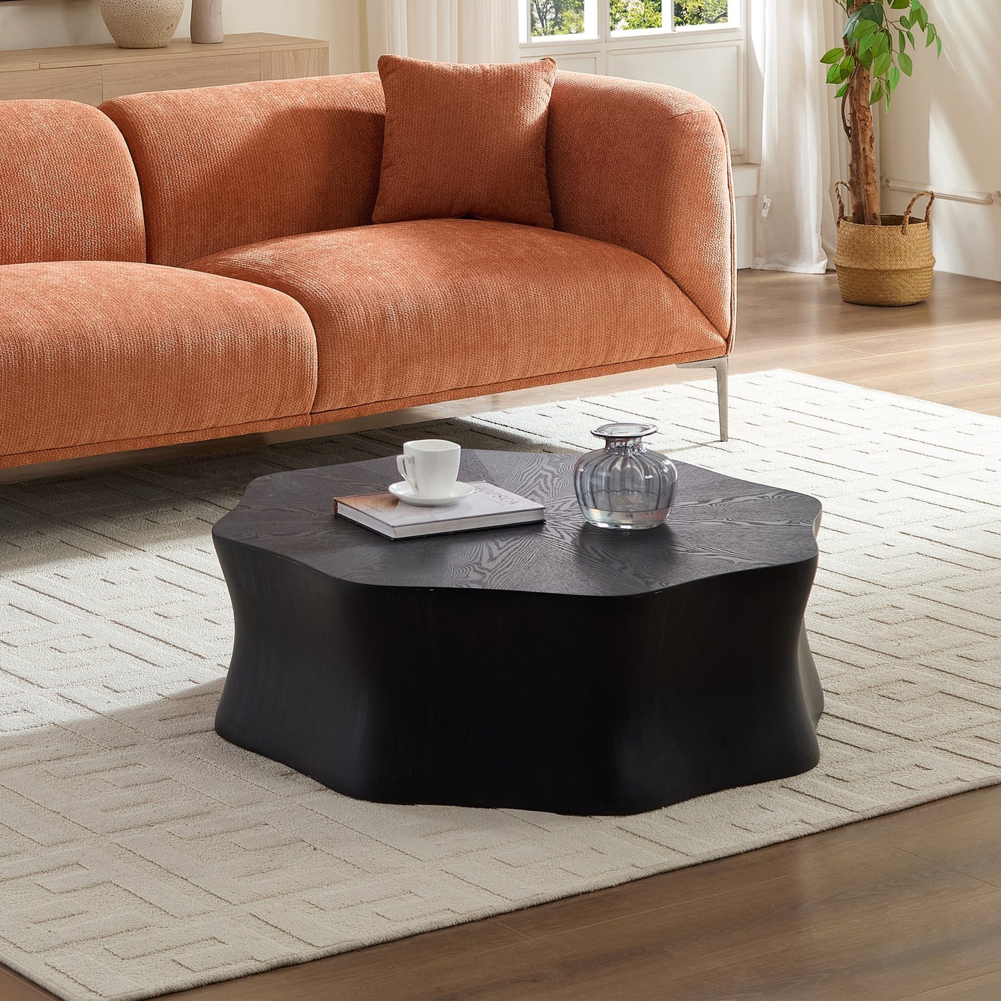 Black Petal Coffee Table, Fiberglass with Birch Wood Grain Veneer, Living Room