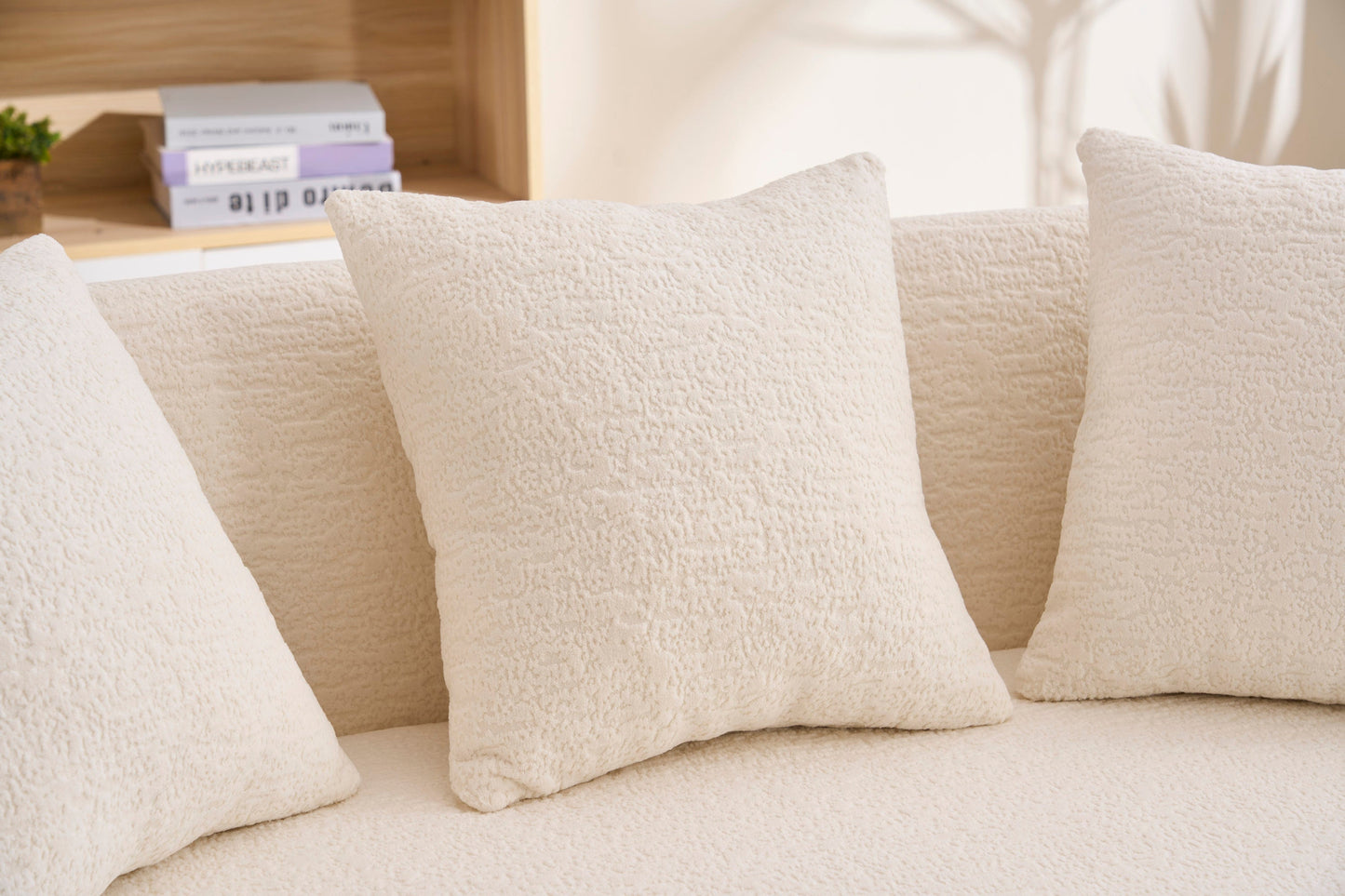 Loveseat Curved Modern Chenille Off-White 2 Seat 3 Pillows 65 In