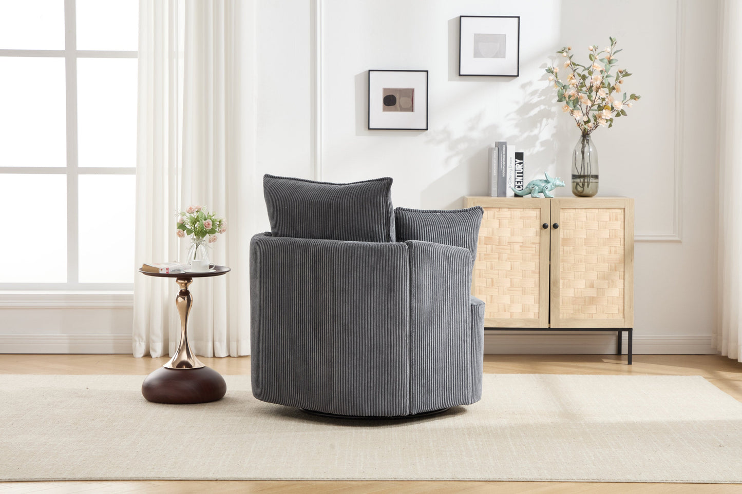 Accent Chair Swivel Round Barrel Corduroy Gray 350 LB 34x32x35 In