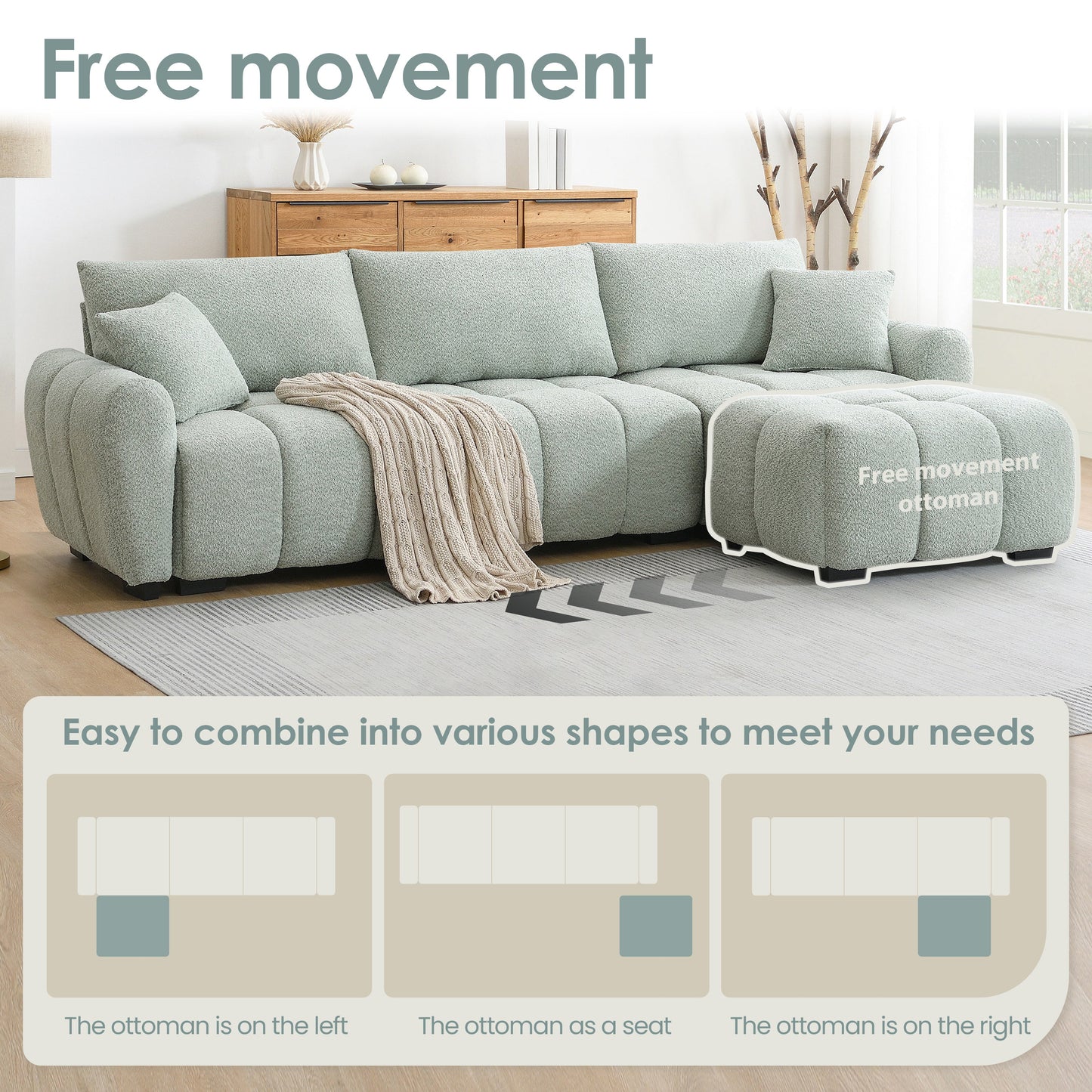 Sectional Sofa L-Shape Boucle Light Green 4 Seat Ottoman 110 In