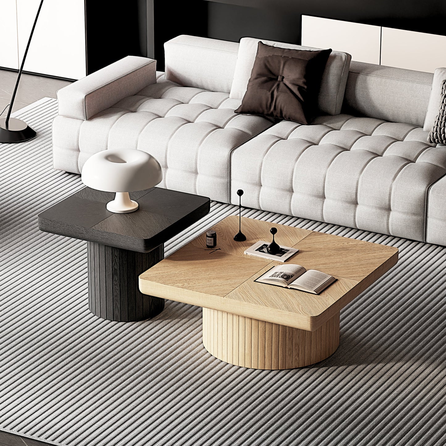 2-Piece Wood Nesting Coffee Tables, Fluted Pedestal, Living Room, Natural Black