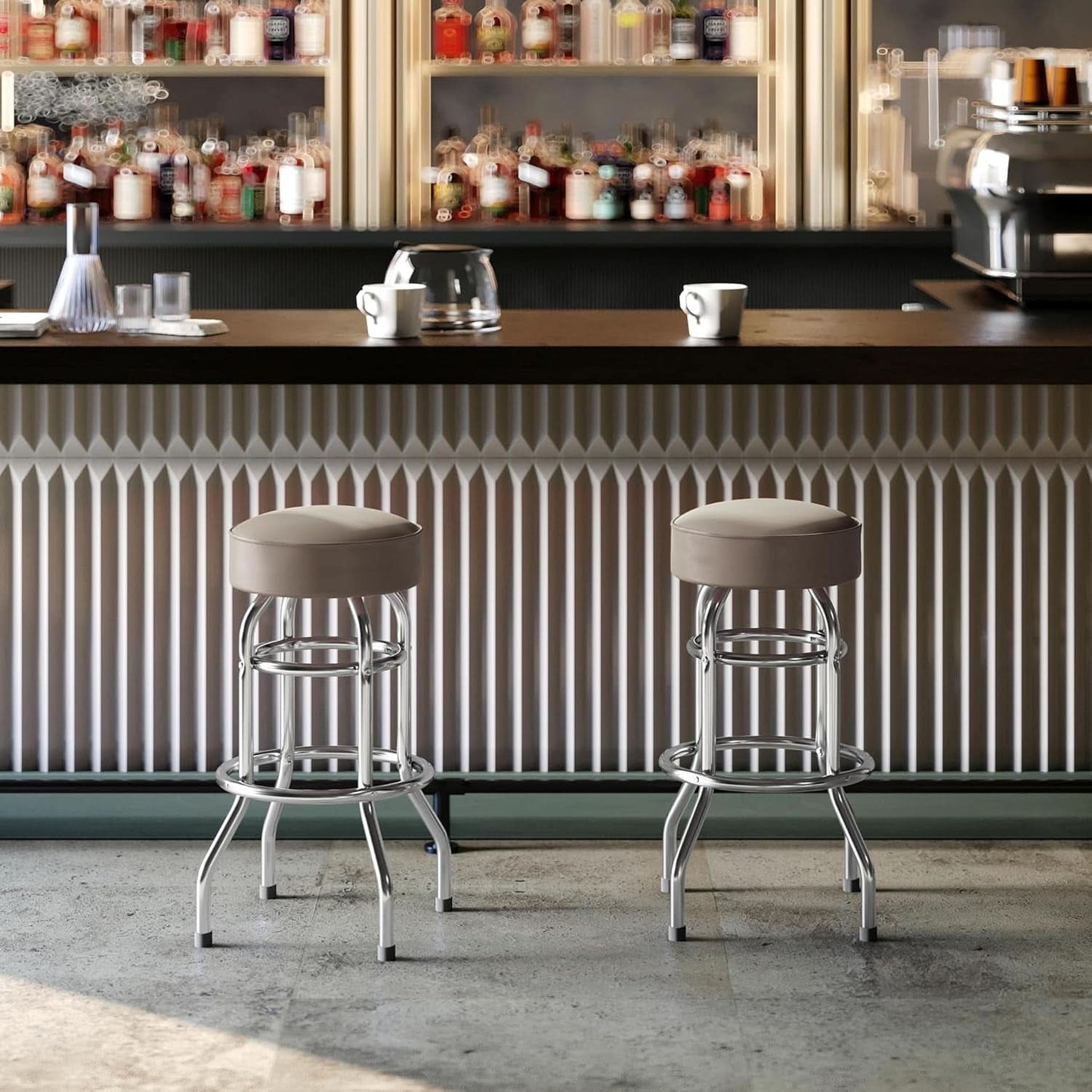Bruno 2 Pack Chrome Bar Stools Beige Seats Swivel Set