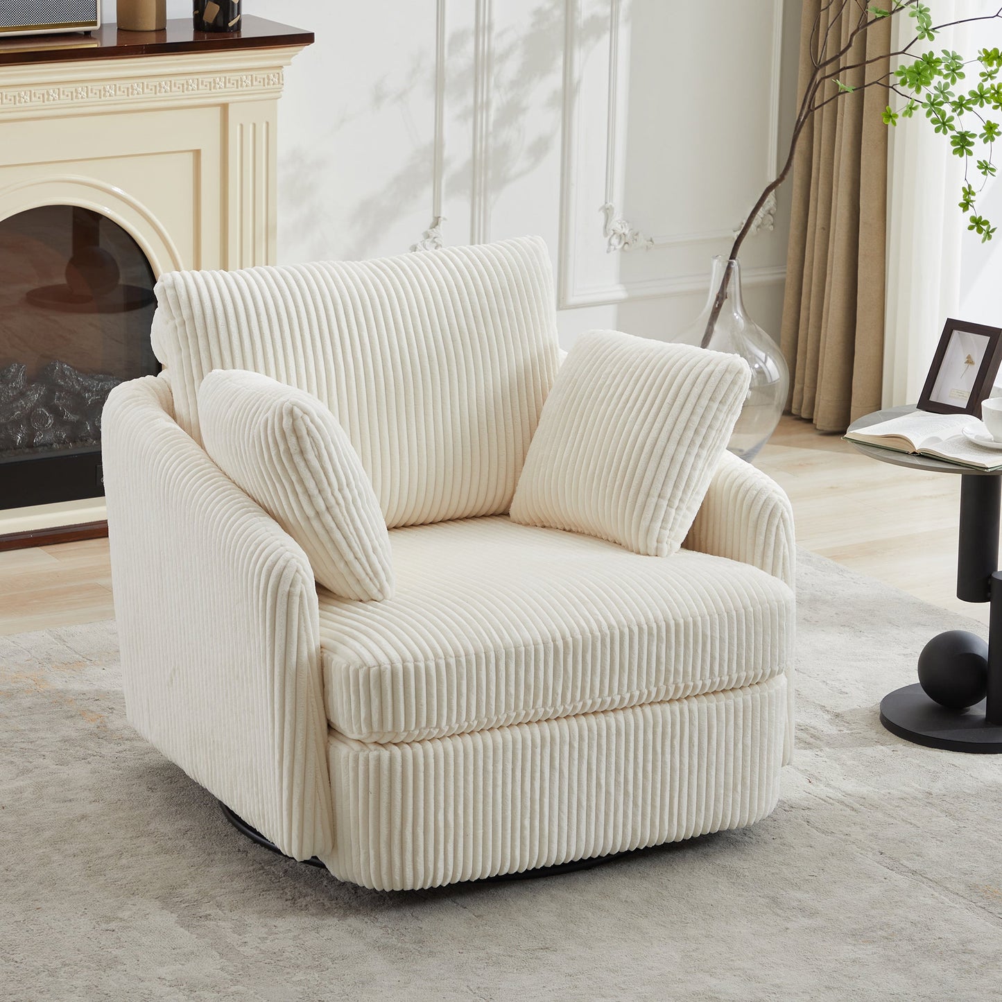 Accent Chair Swivel Round Oversized Corduroy Ivory 360 Degree 3 Pillows 40 In
