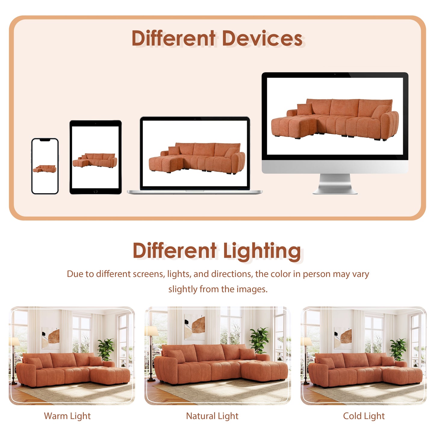 Sectional Sofa L-Shape Boucle Orange 4 Seat Ottoman 110 In