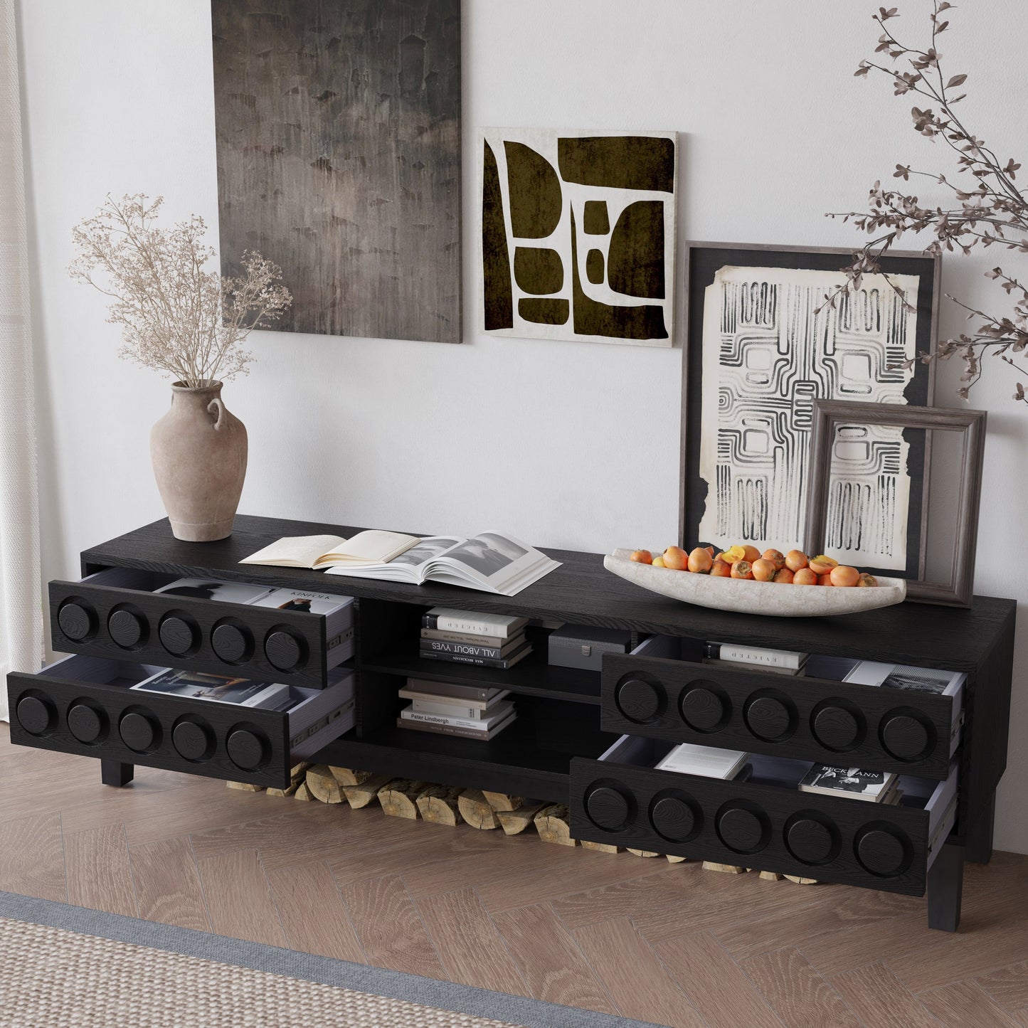TV Stand Mid-Century Modern Solid Wood Gray Black 4-Drawer Fits 70 In TV