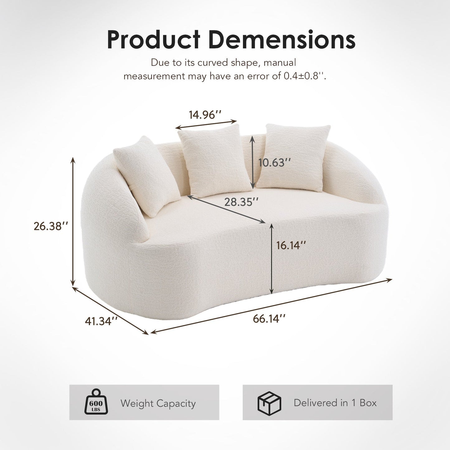 Loveseat Curved Modern Chenille Off-White 2 Seat 3 Pillows 65 In