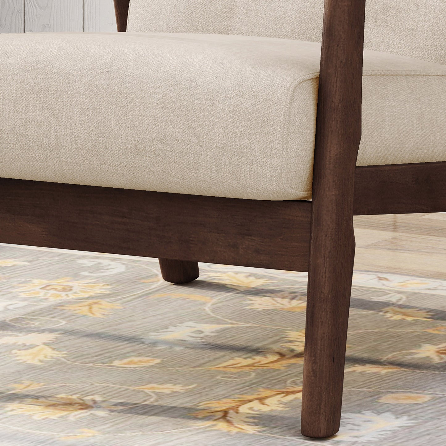 Accent Chair Mid-Century Tufted Beige Rubberwood Bent Arms 25x32x32 In