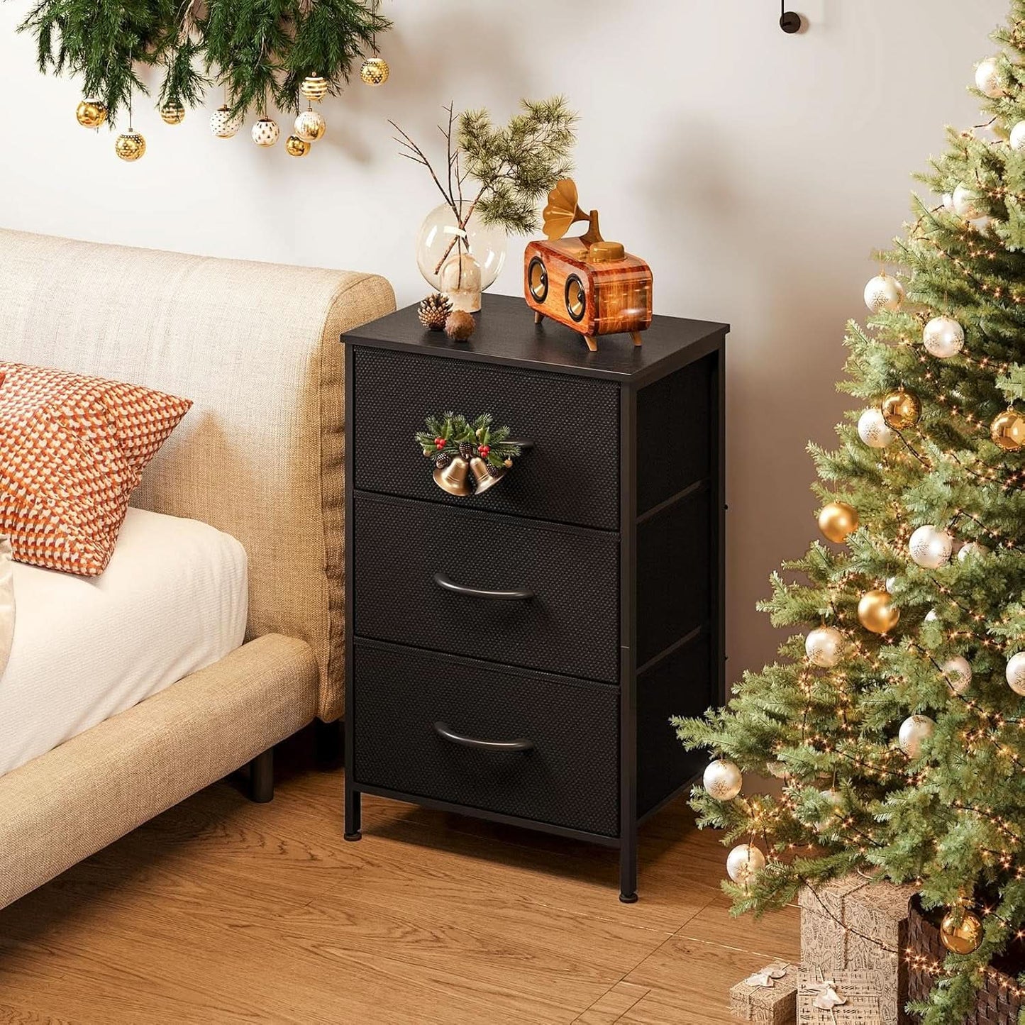 Black 3 Drawer Dresser Nightstand For Bedroom Compact