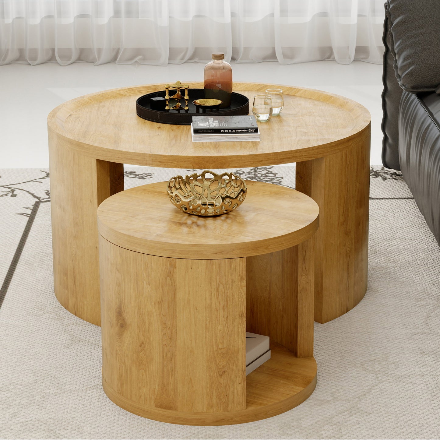 Round Nesting Coffee Table Set of 2, 31.5 and 18 in, Wood Top, Living Room