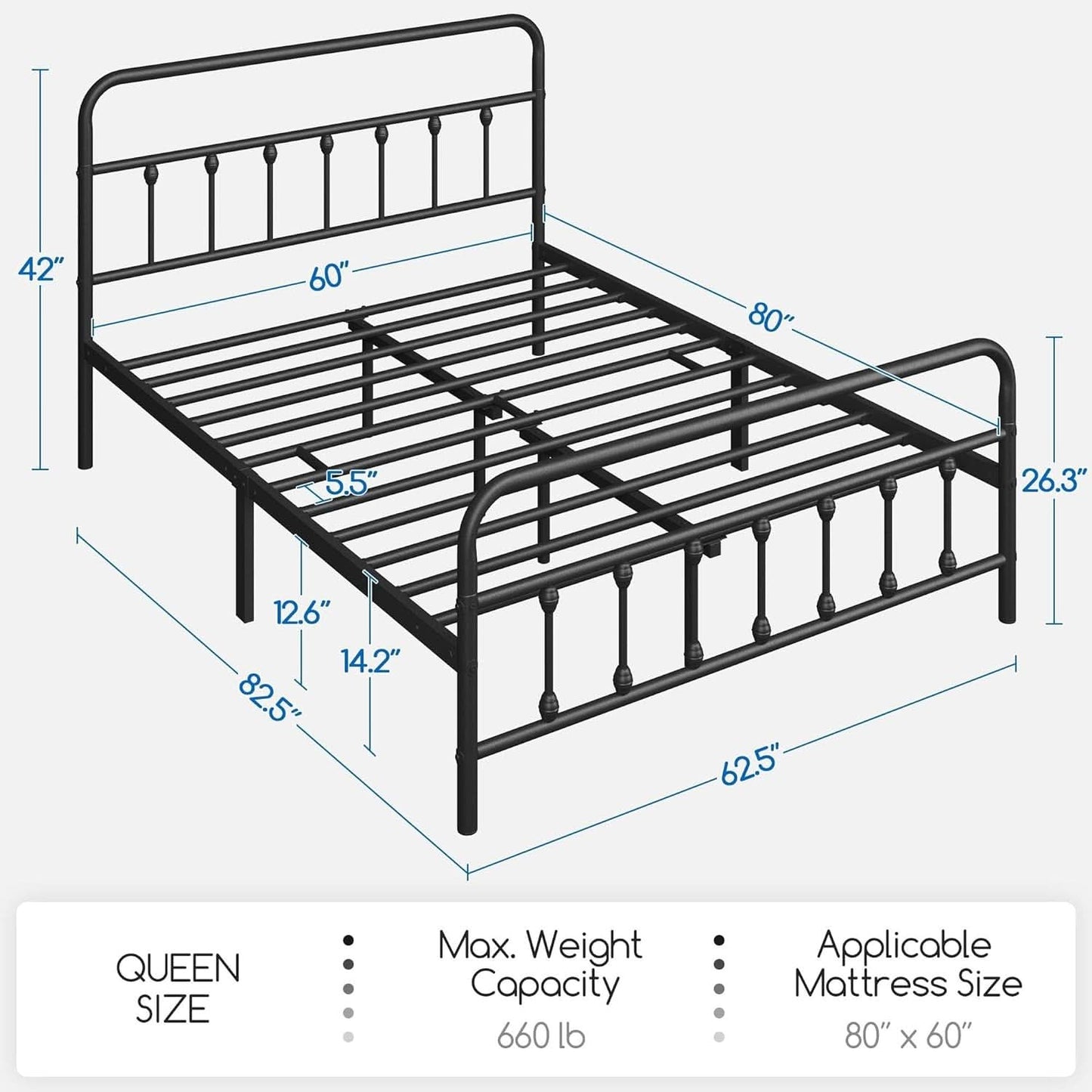 Queen Size Metal Platform Bed Frame With Storage Black