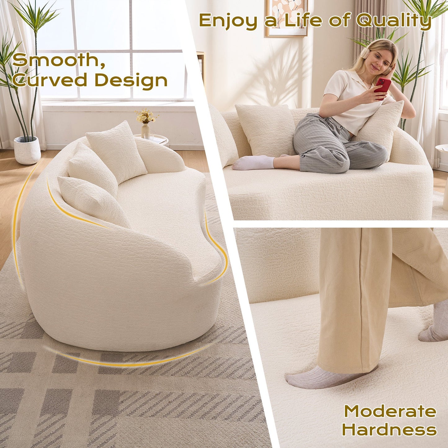 Loveseat Curved Modern Chenille Off-White 2 Seat 3 Pillows 65 In