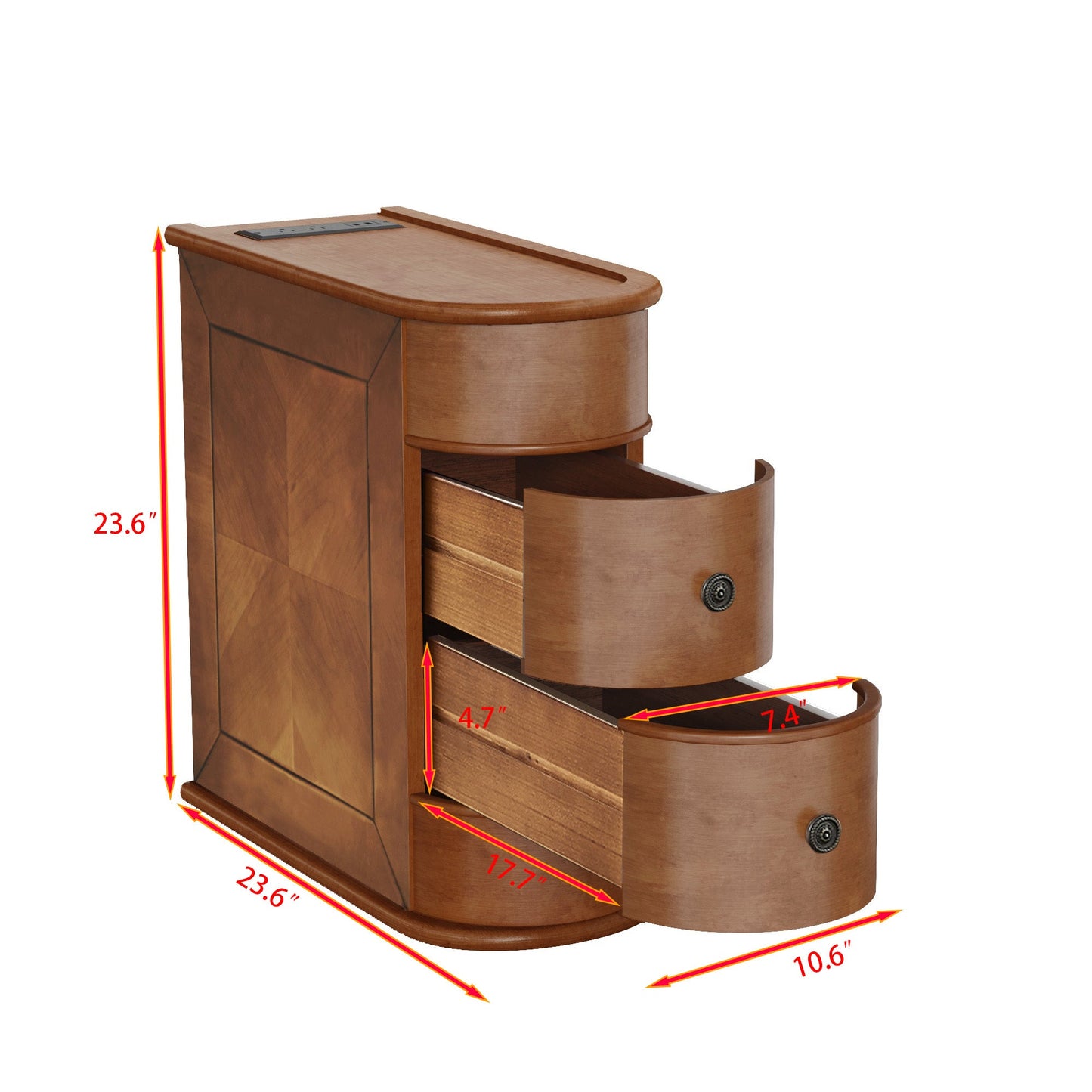 End Table Charging Station 2 AC 2 USB Ports 2 Drawers Arc Design Walnut 23.6 In