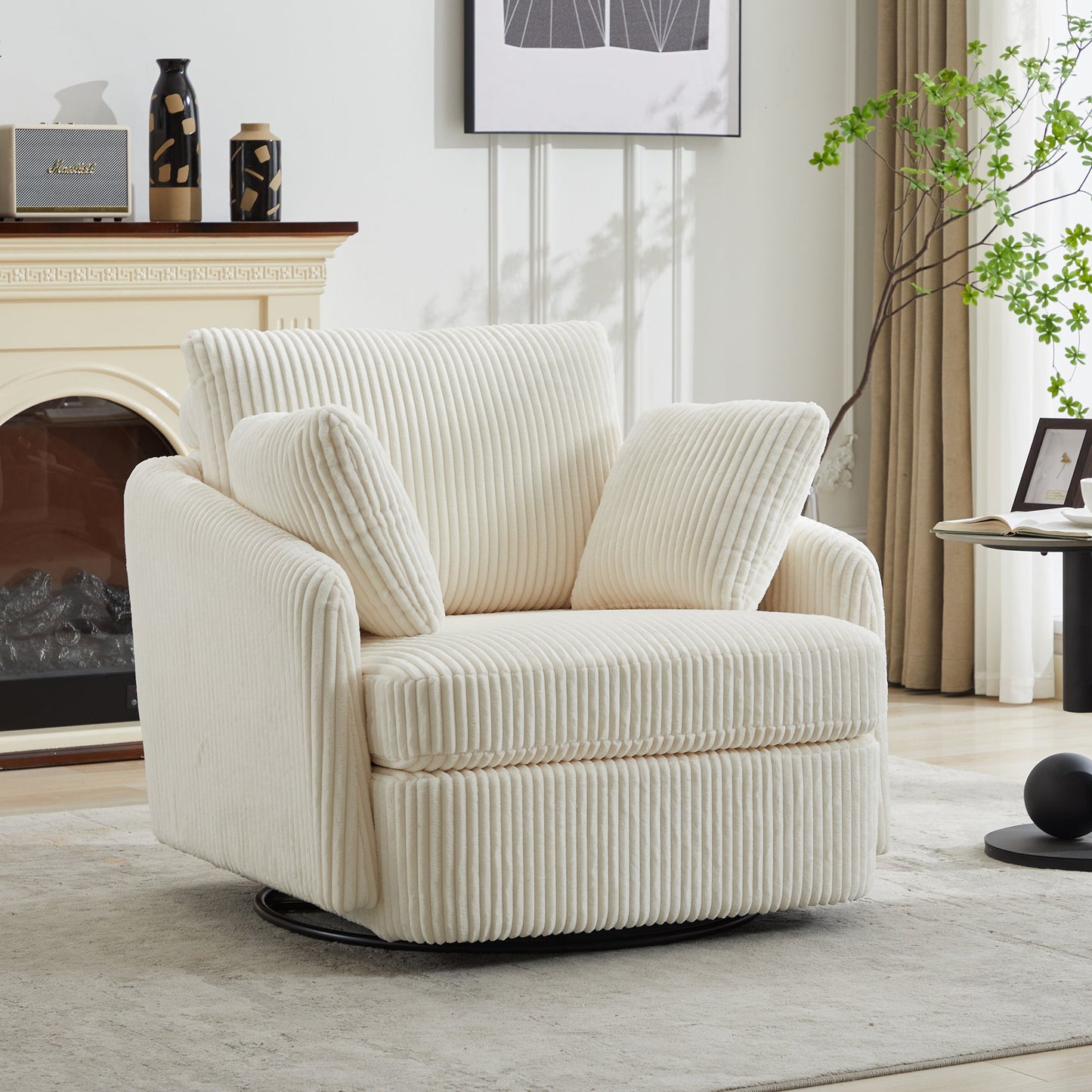 Accent Chair Swivel Round Oversized Corduroy Ivory 360 Degree 3 Pillows 40 In