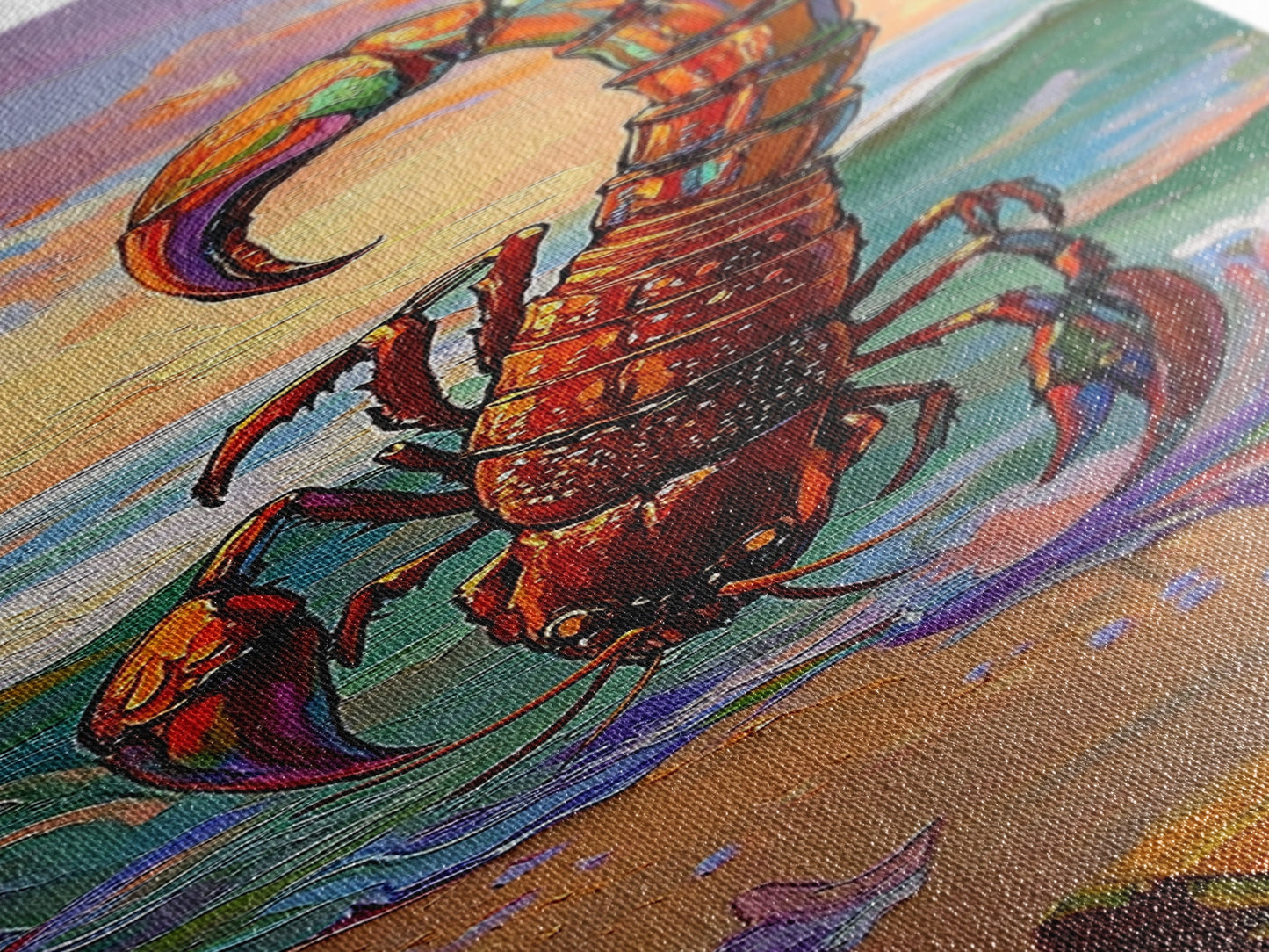 Scorpion Ocean, Sunset, Framed Canvas Print, Bold Coastal Wall Art, Beach Bedroom Decor, Vibrant Nautical Style, Surreal Animal Artwork