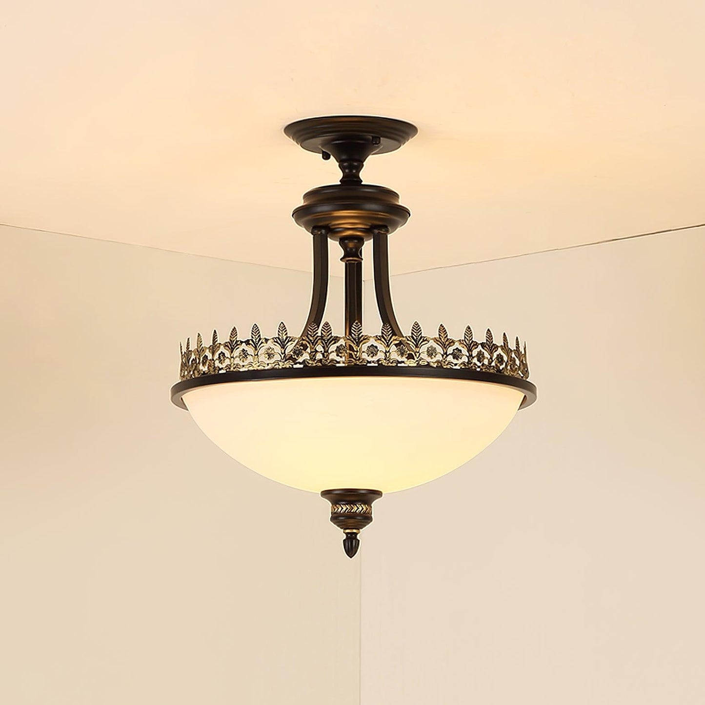 Black Vintage Bowl Frosted Glass Ceiling Light 16.9"