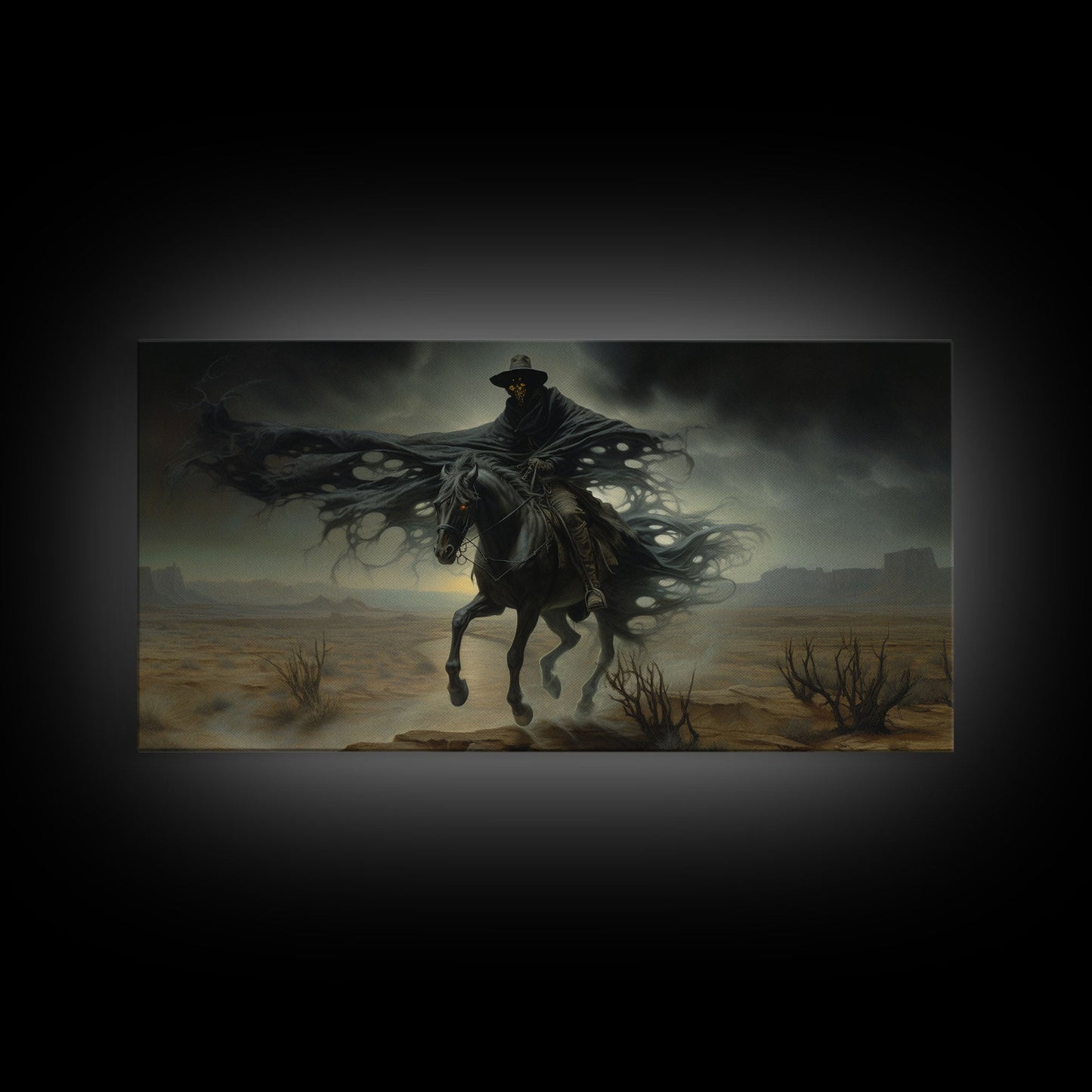 Ghost Cowboy Art, Framed Canvas Print, Halloween art, spooky decor, cowboy art, western decor, grim reaper on a horse in the desert