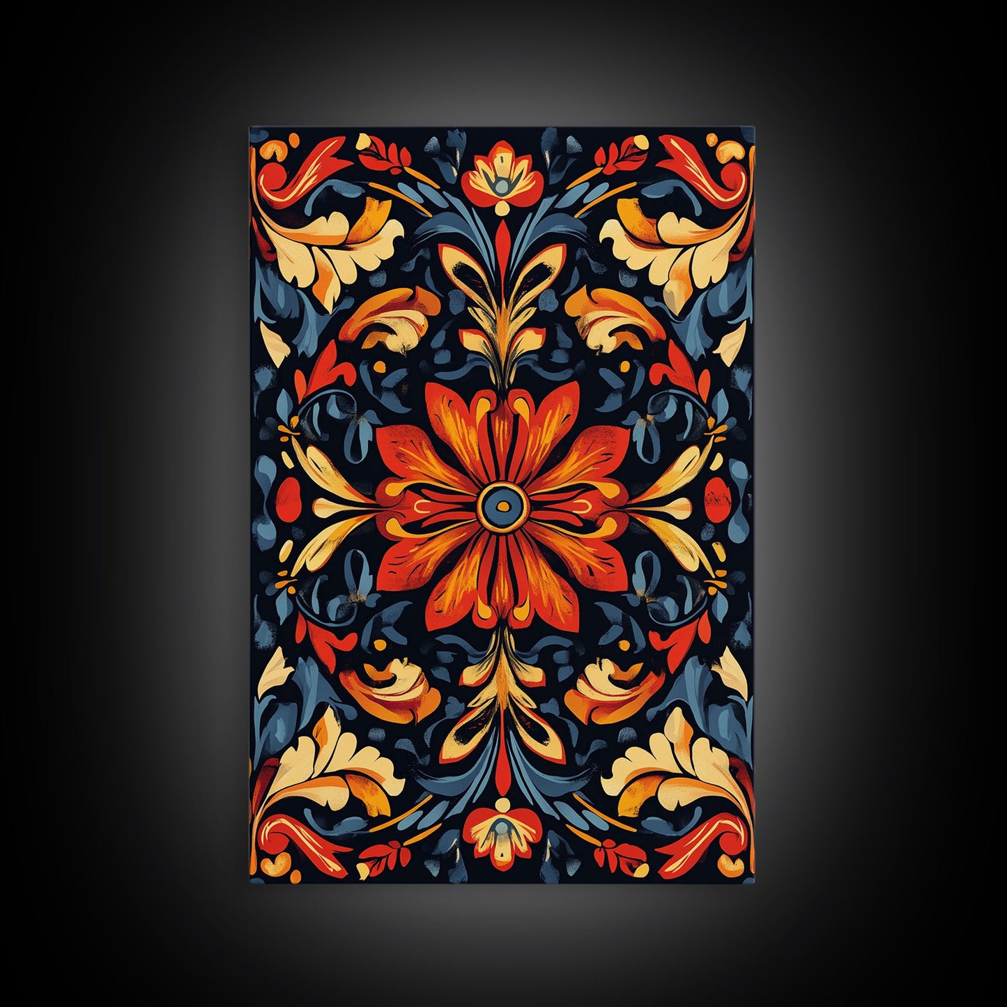 Botanical Floral Tile Pattern Framed Canvas Print, Southwestern Decor, Modern Farmhouse, Pueblo Style Art, Mexicano Chicano Art