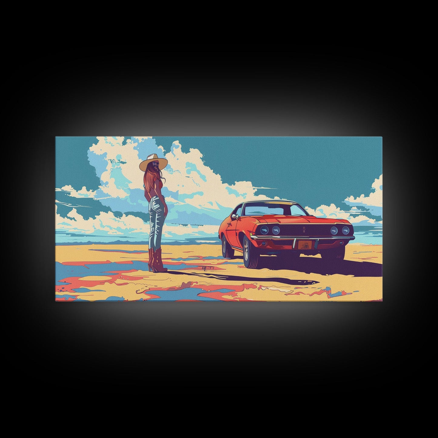 Stylized Cowgirl with Red Car in Vast Desert, Framed Canvas Print for Bedroom, Ideal Living Room Art, Retro Wall Decor