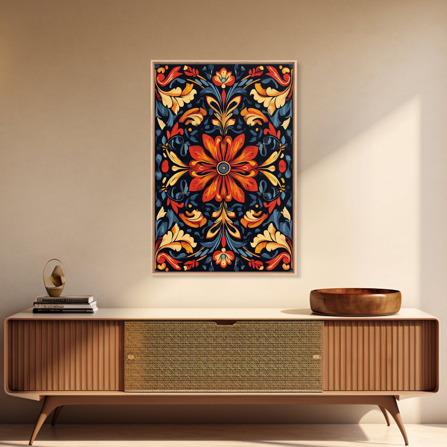 Botanical Floral Tile Pattern Framed Canvas Print, Southwestern Decor, Modern Farmhouse, Pueblo Style Art, Mexicano Chicano Art