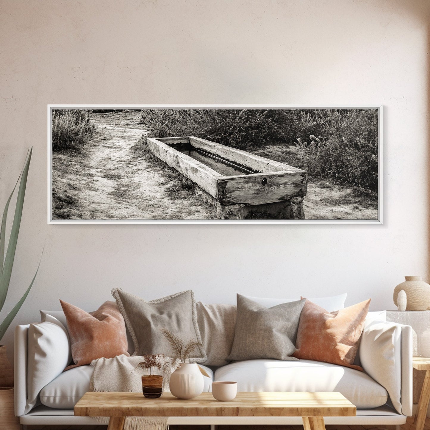 Rustic Water Trough, Nature Trail, Western Desert Scene, Framed Canvas Print, Country Farmhouse Decor, Minimalist Entryway Wall Art
