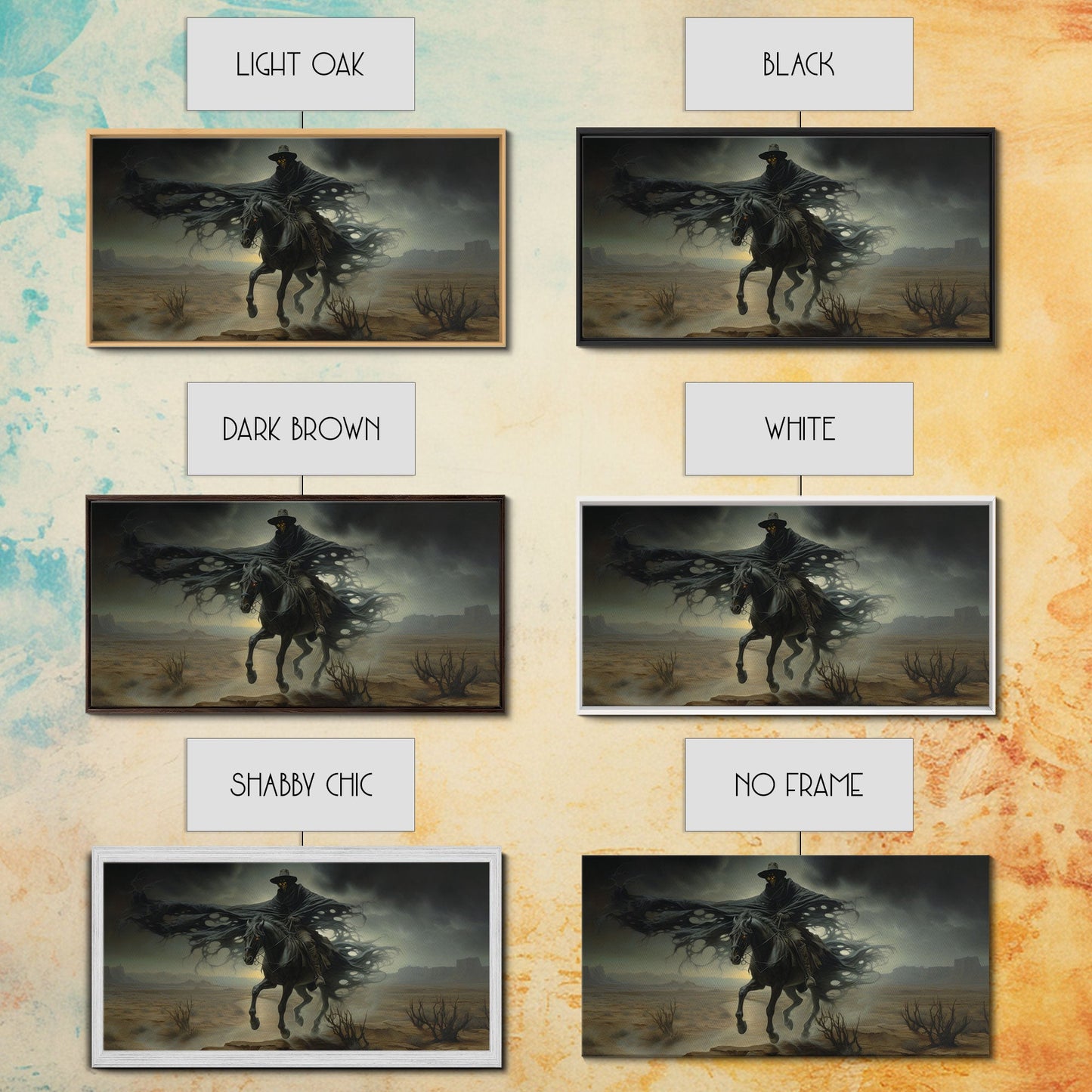 Ghost Cowboy Art, Framed Canvas Print, Halloween art, spooky decor, cowboy art, western decor, grim reaper on a horse in the desert