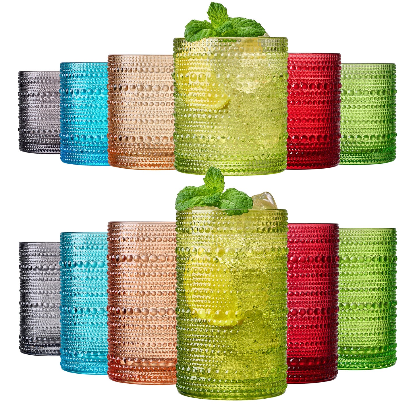 Fortuna Hobnail Lowball & Highball Glassware, Set of 12