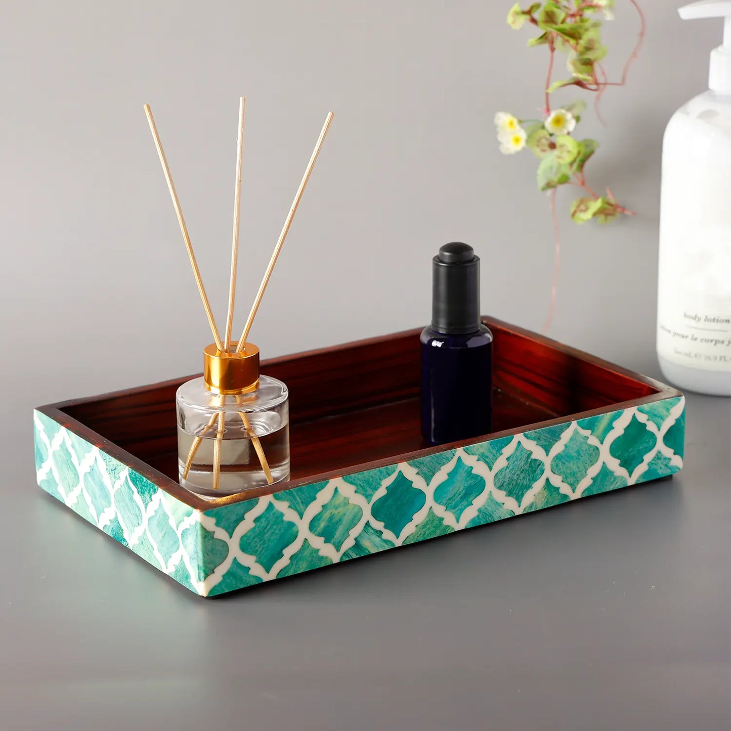 Vanity Trays Moroccan Pattern Bone & Resin Inlay, Green & White, 10" x 6"