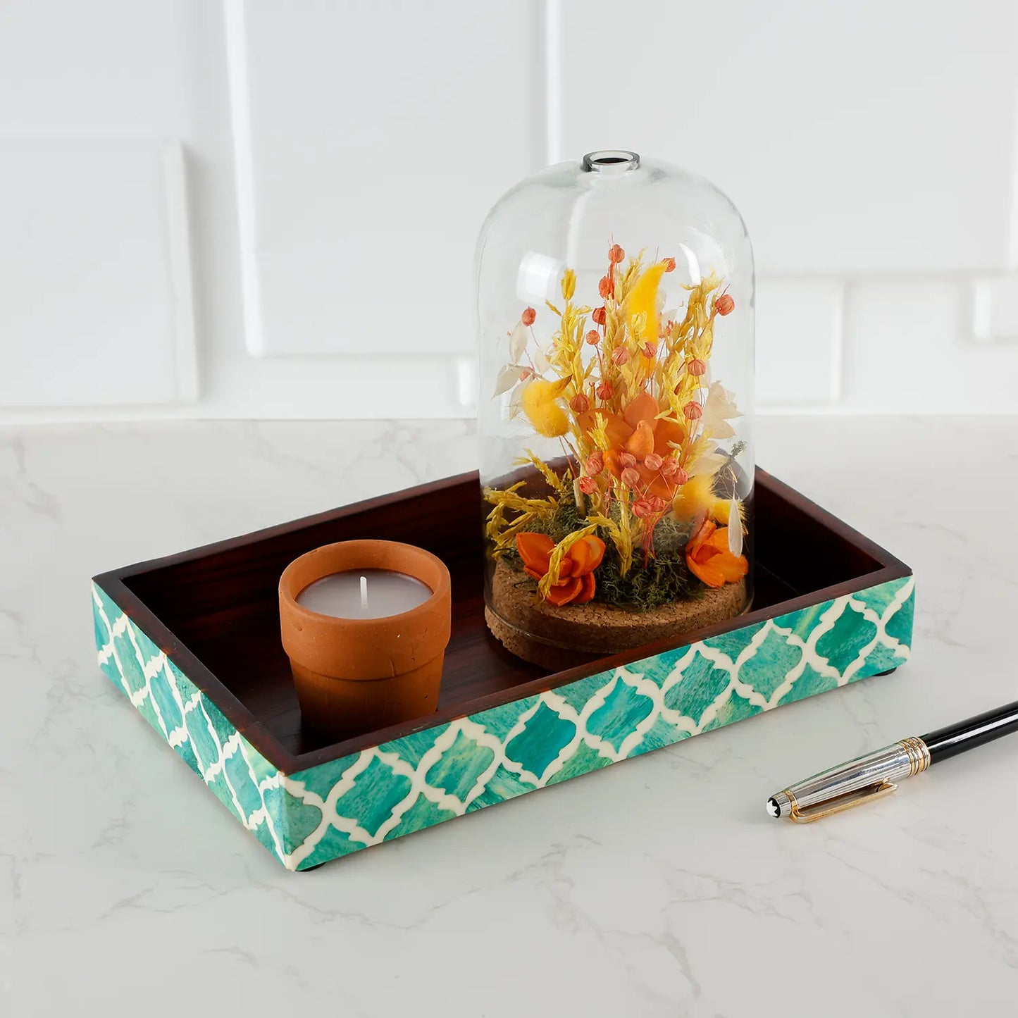 Vanity Trays Moroccan Pattern Bone & Resin Inlay, Green & White, 10" x 6"