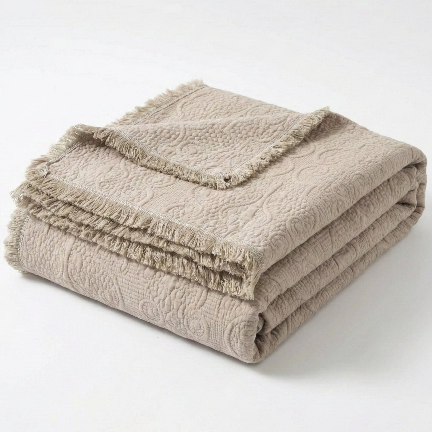DaDa Bedding Elegant Fringed Cotton Quilted Throw Blanket - Luxurious Solid Soft Paisley Pattern, Cozy Lightweight Lap Throw, Perfect for Couch or Bed, Neutral Sandy Taupe Tan Beige, 50x60 Inches