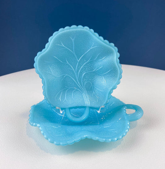 Vintage Blue Milk Glass Nesting Leaf Lemon Serving Plates. Two Small Turquoise Plates. Dining Room Decor. Gift for Mom, Grandma, Friend.