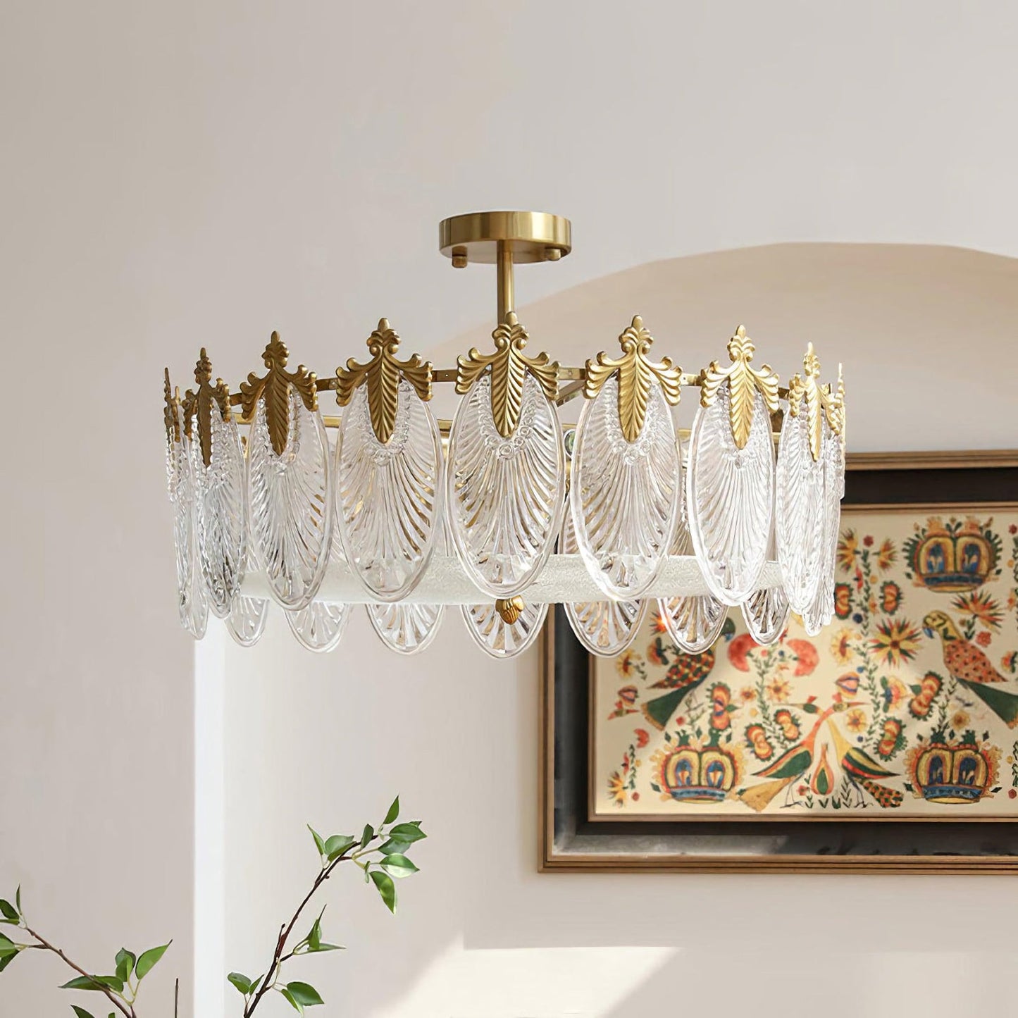 Vintage Glass Leaf Round Chandelier