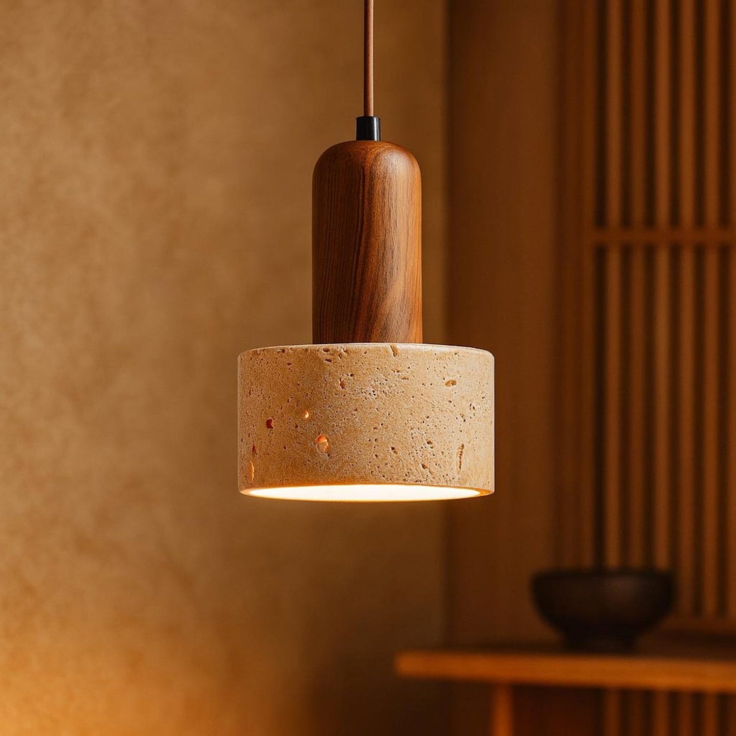Vintage Round Travertine Wood Pendant Light