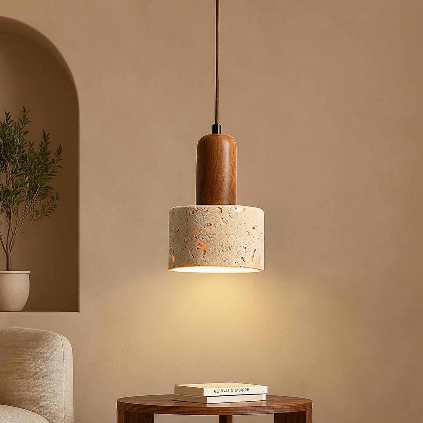 Vintage Round Travertine Wood Pendant Light