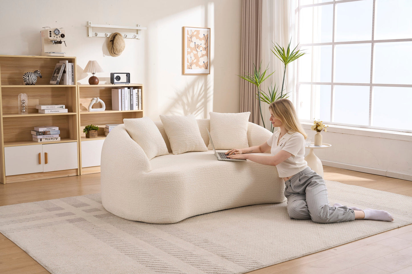 Loveseat Curved Modern Chenille Off-White 2 Seat 3 Pillows 65 In