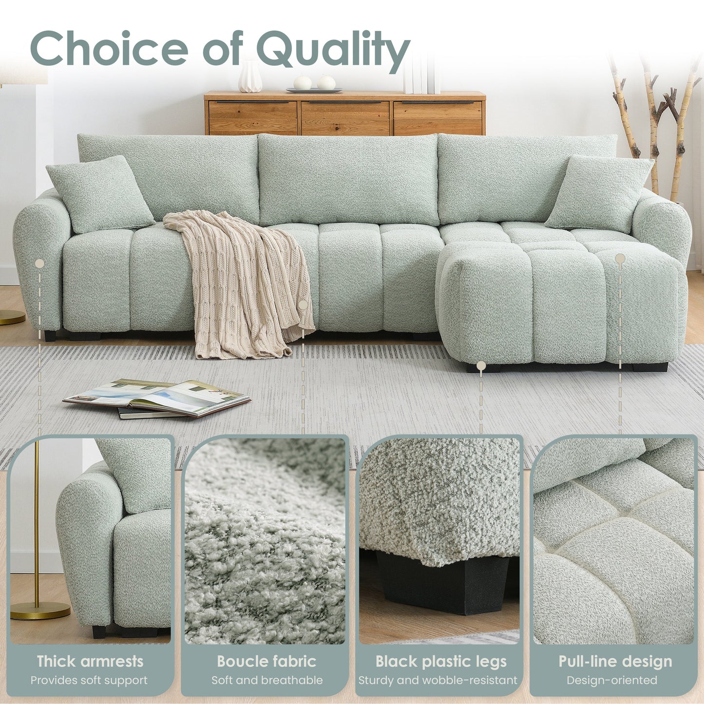 Sectional Sofa L-Shape Boucle Light Green 4 Seat Ottoman 110 In