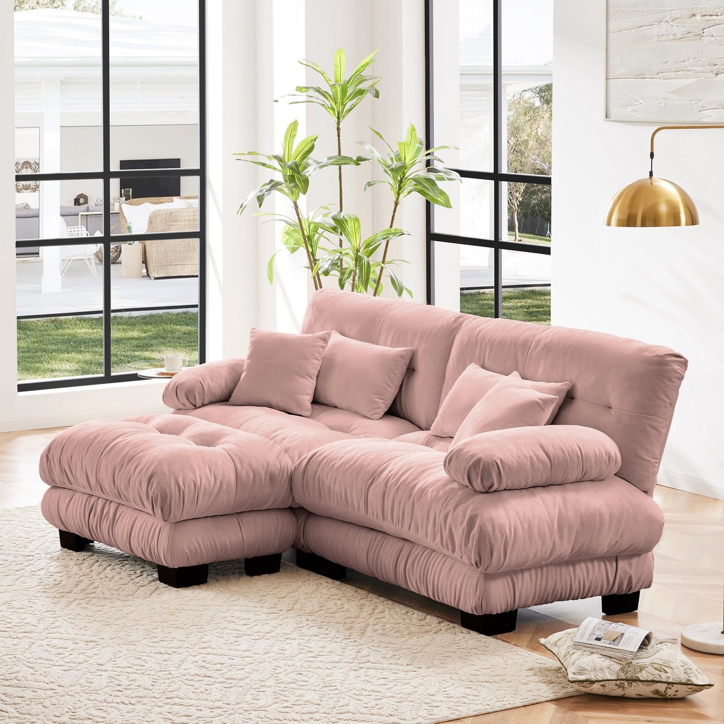 Sectional Sofa Cloud Curved Chenille Pink 2 Seat Convertible Ottoman