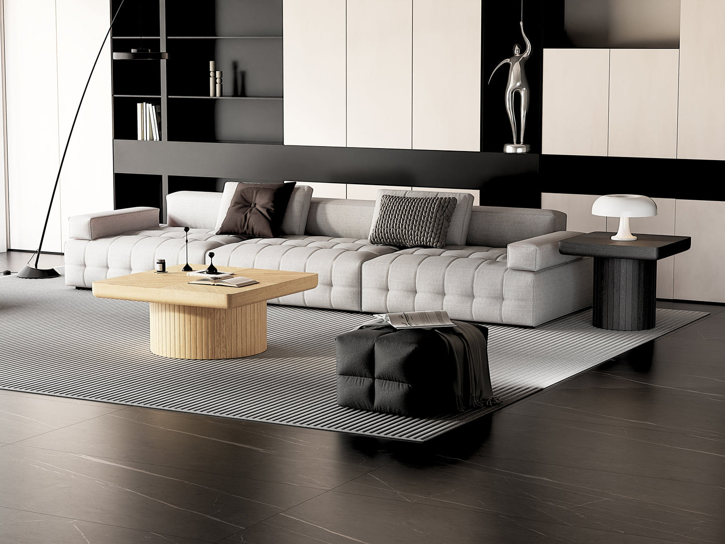 2-Piece Wood Nesting Coffee Tables, Fluted Pedestal, Living Room, Natural Black