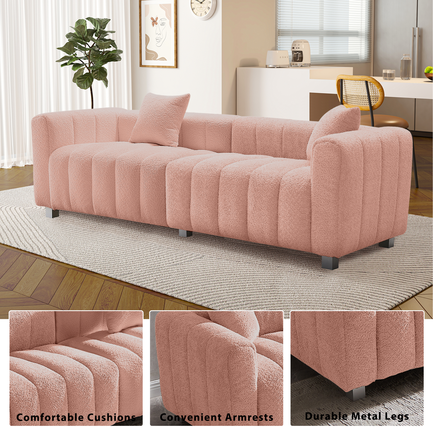 Sofa Modular Velvet Teddy Pink 3 Seat Metal Legs 87 In 750 LB