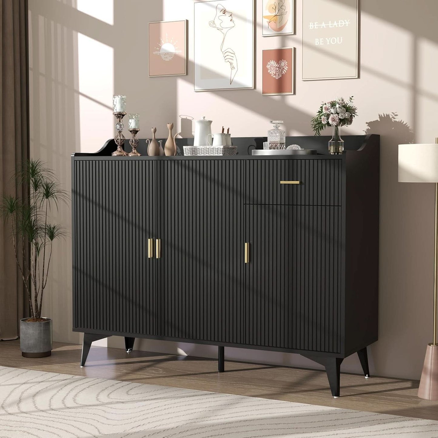 Black 47In Sideboard Cabinet For Dining Room Storage