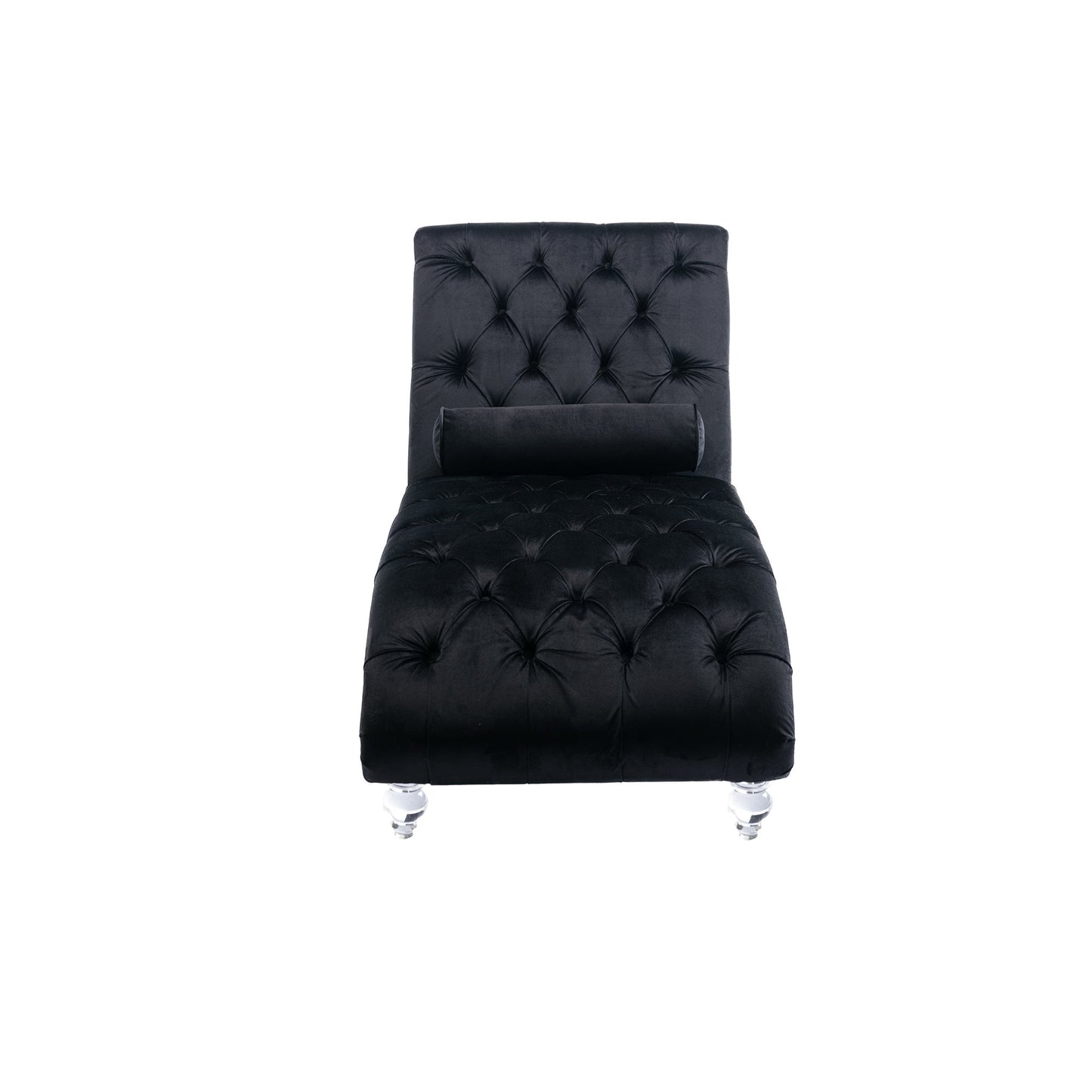 Velvet Chaise Lounge, Button-Tufted with Pillow, Black, 63.38x28.94x34.05 in