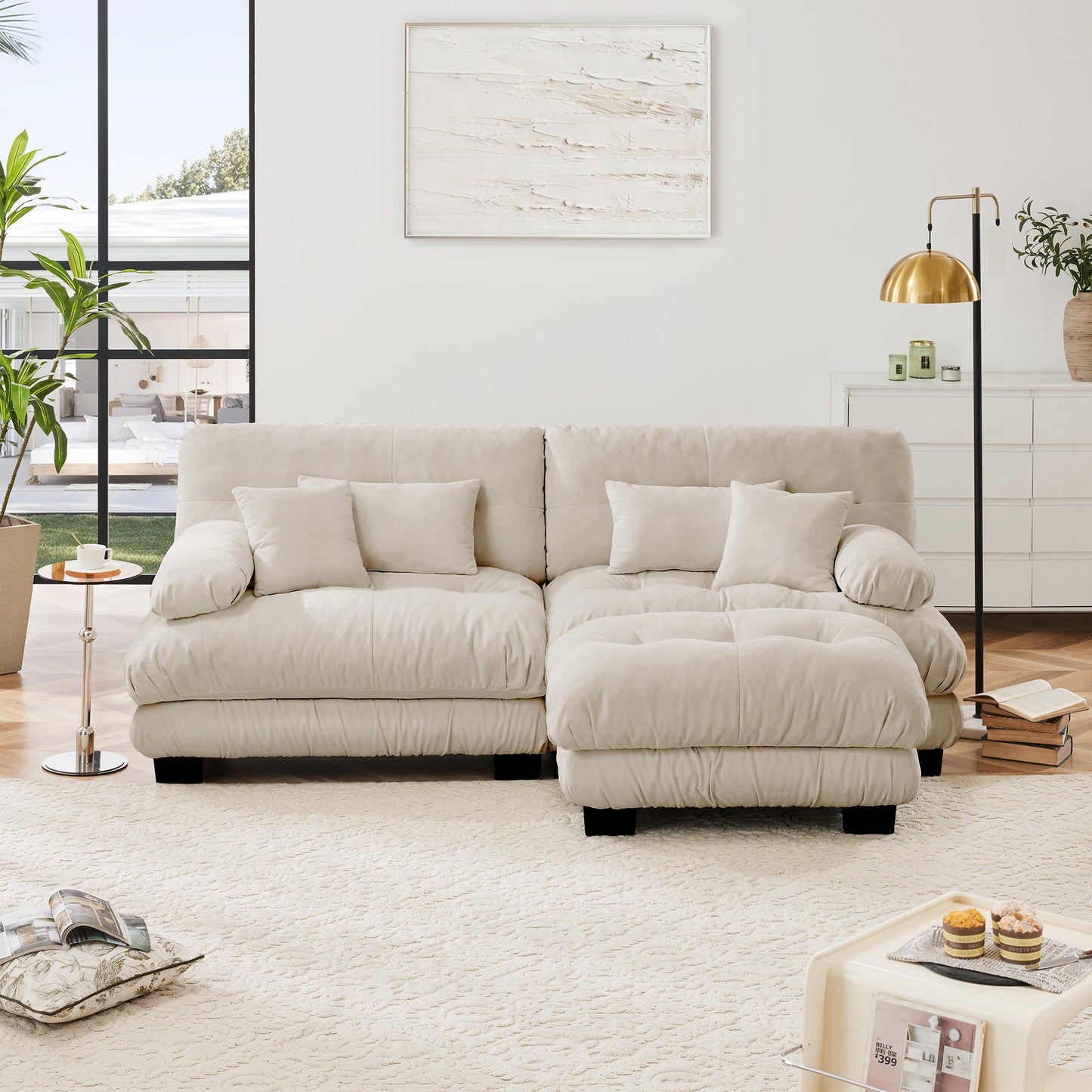 Sectional Sofa Cloud Style Chenille Light Coffee 2 Seat Convertible