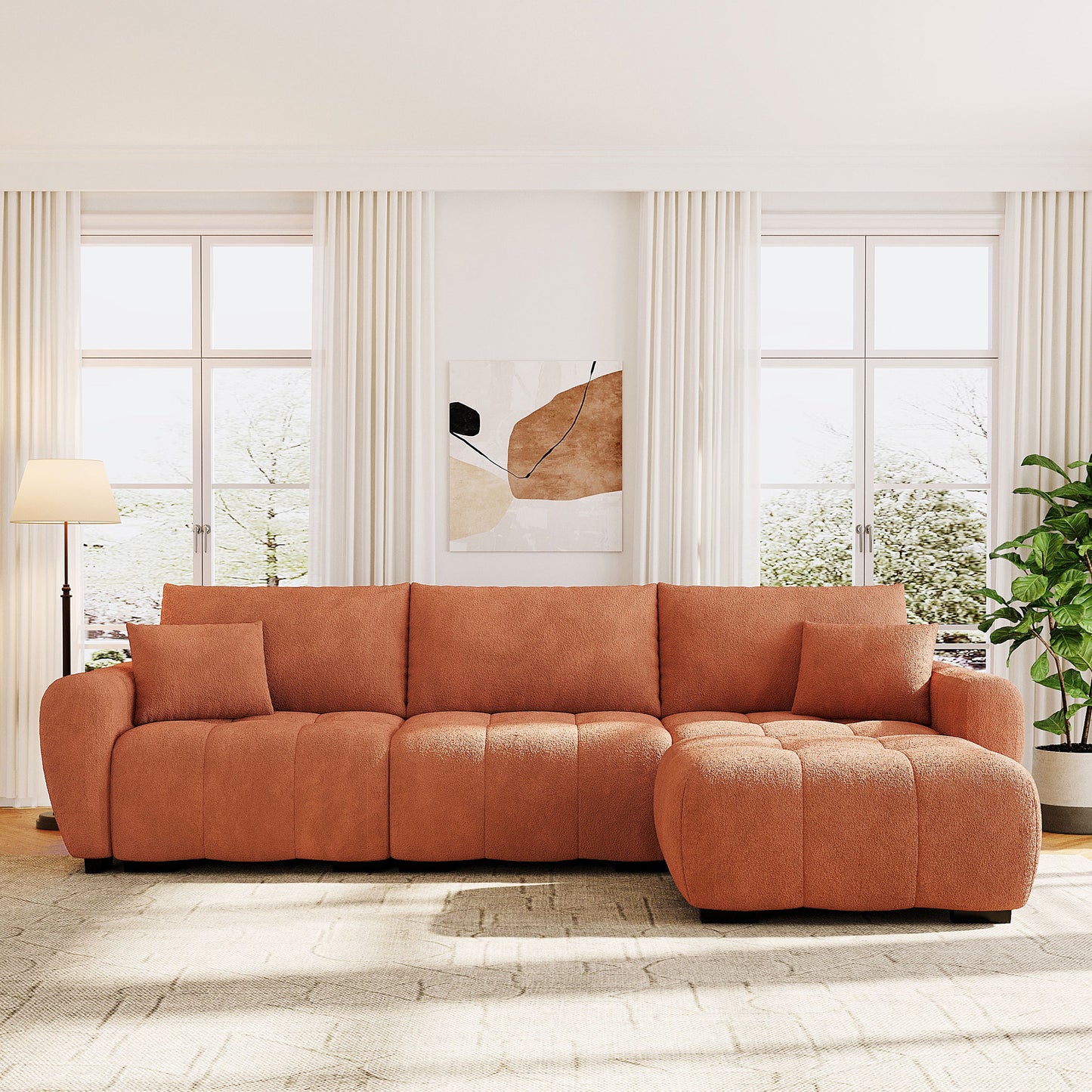 Sectional Sofa L-Shape Boucle Orange 4 Seat Ottoman 110 In