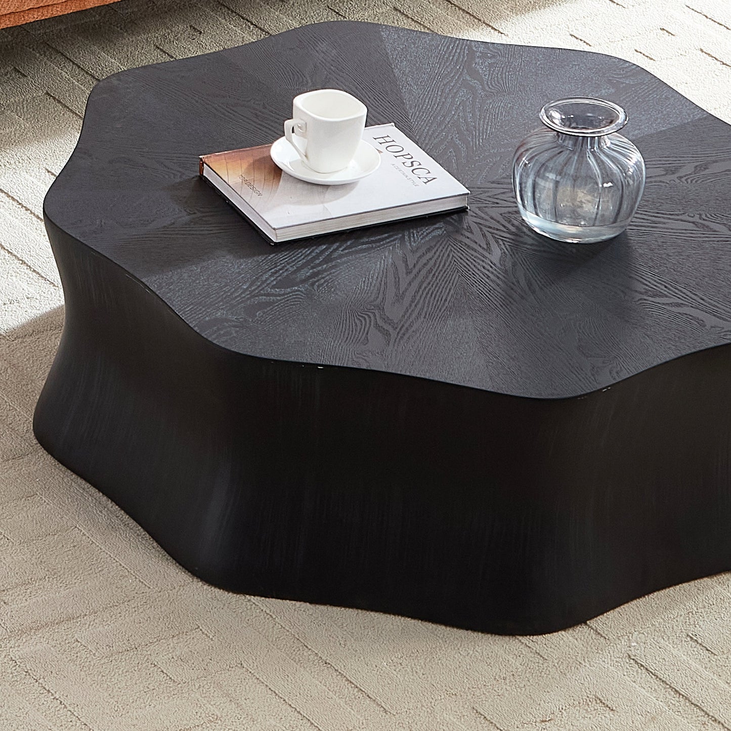 Black Petal Coffee Table, Fiberglass with Birch Wood Grain Veneer, Living Room