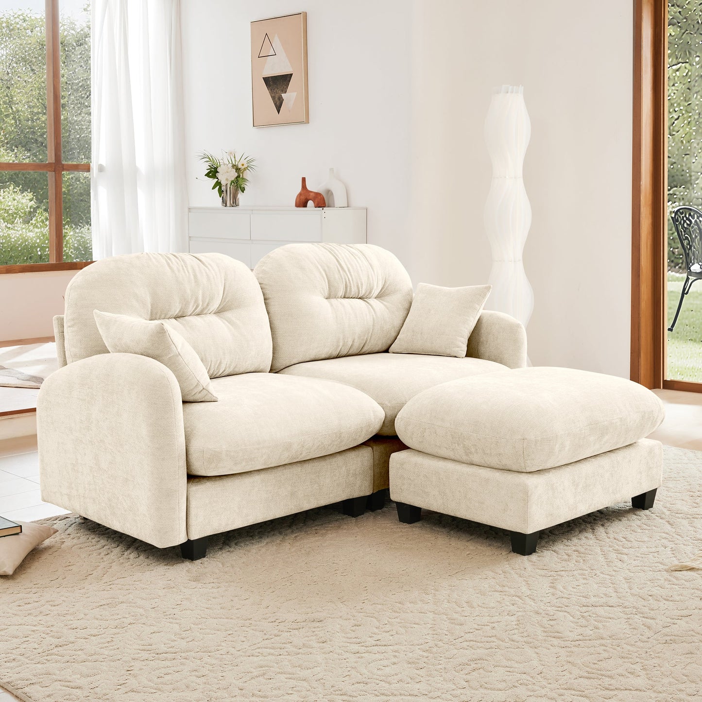 Sectional Sofa L-Shape Modular Chenille Beige Cloud Style with Ottoman