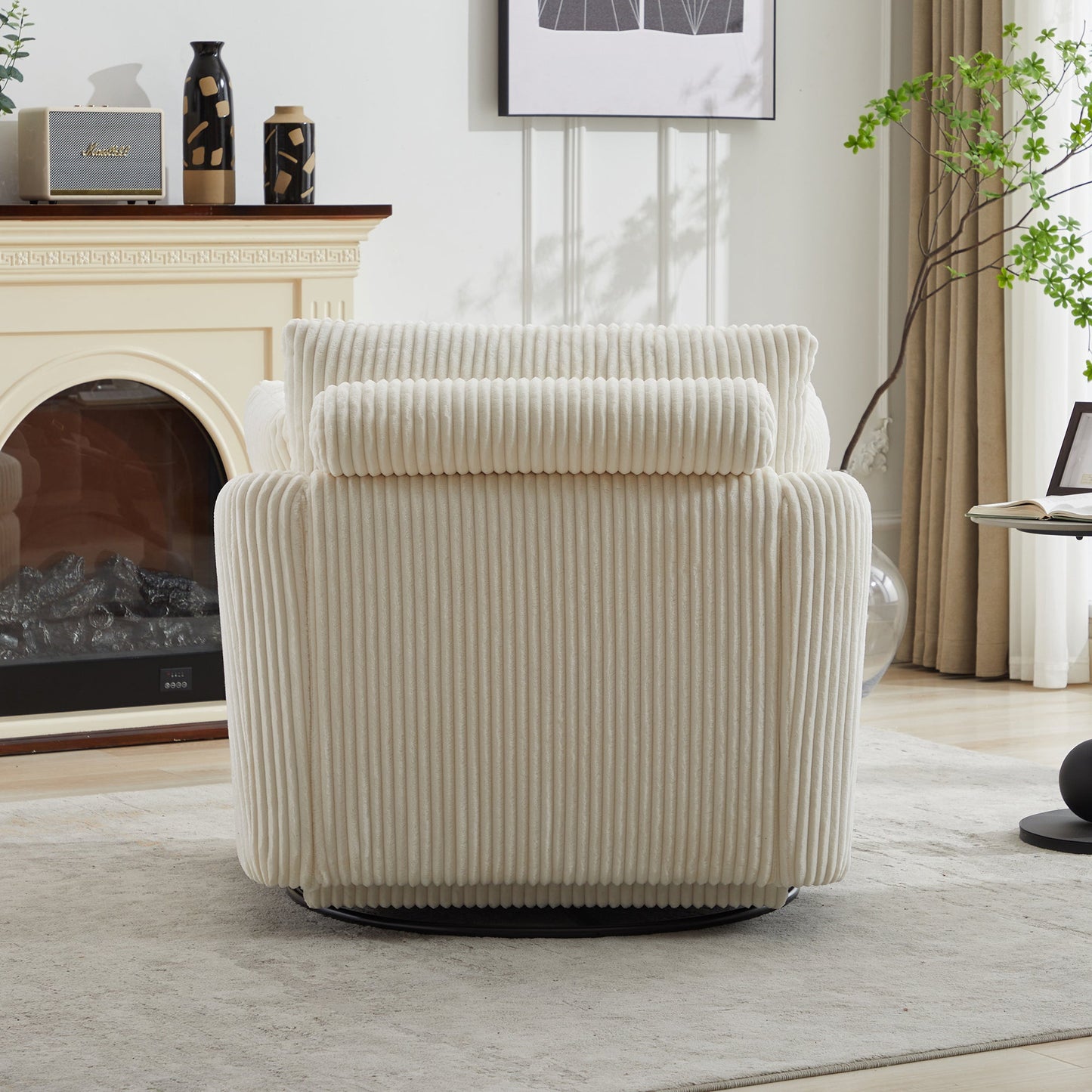 Accent Chair Swivel Round Oversized Corduroy Ivory 360 Degree 3 Pillows 40 In