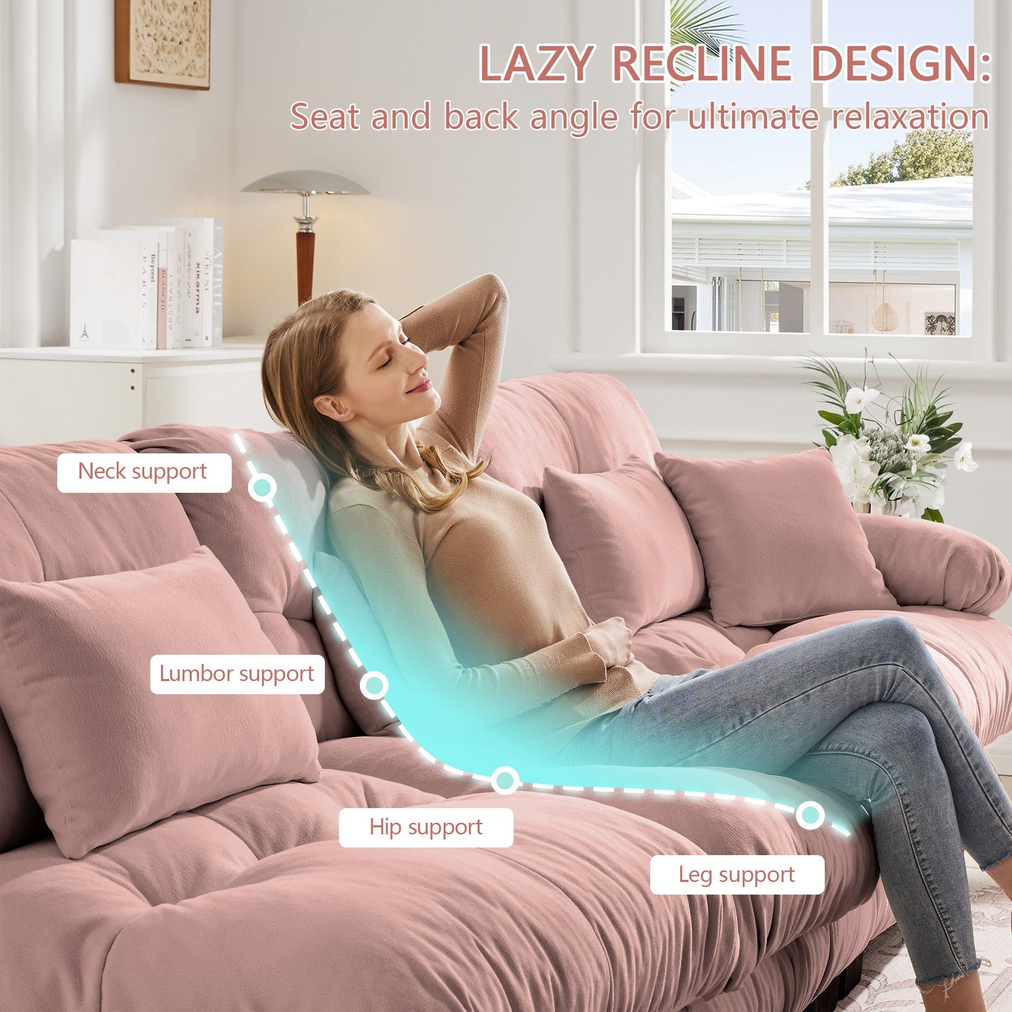 Sectional Sofa Cloud Curved Chenille Pink 2 Seat Convertible Ottoman